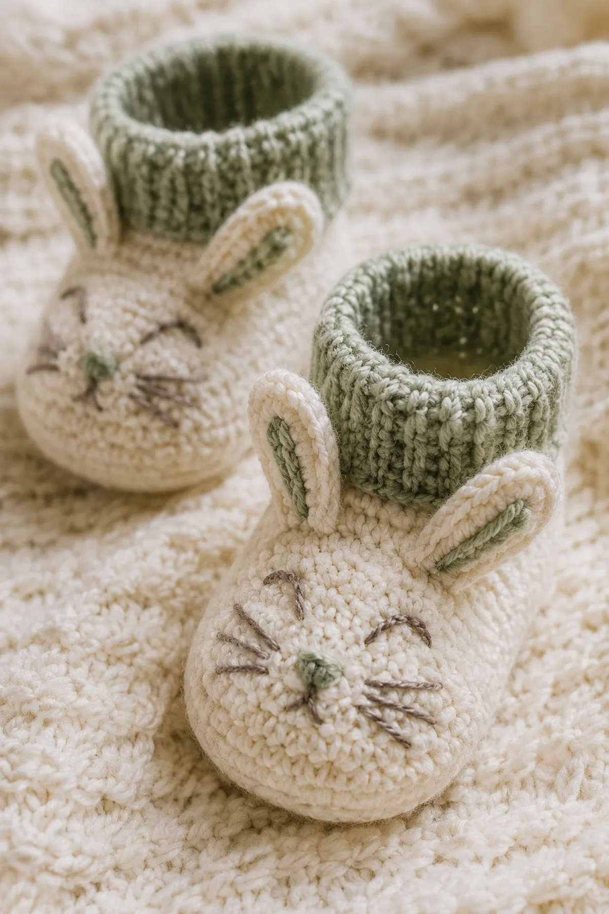 Close-up of the stitch texture and securely finished details on crochet bunny baby booties