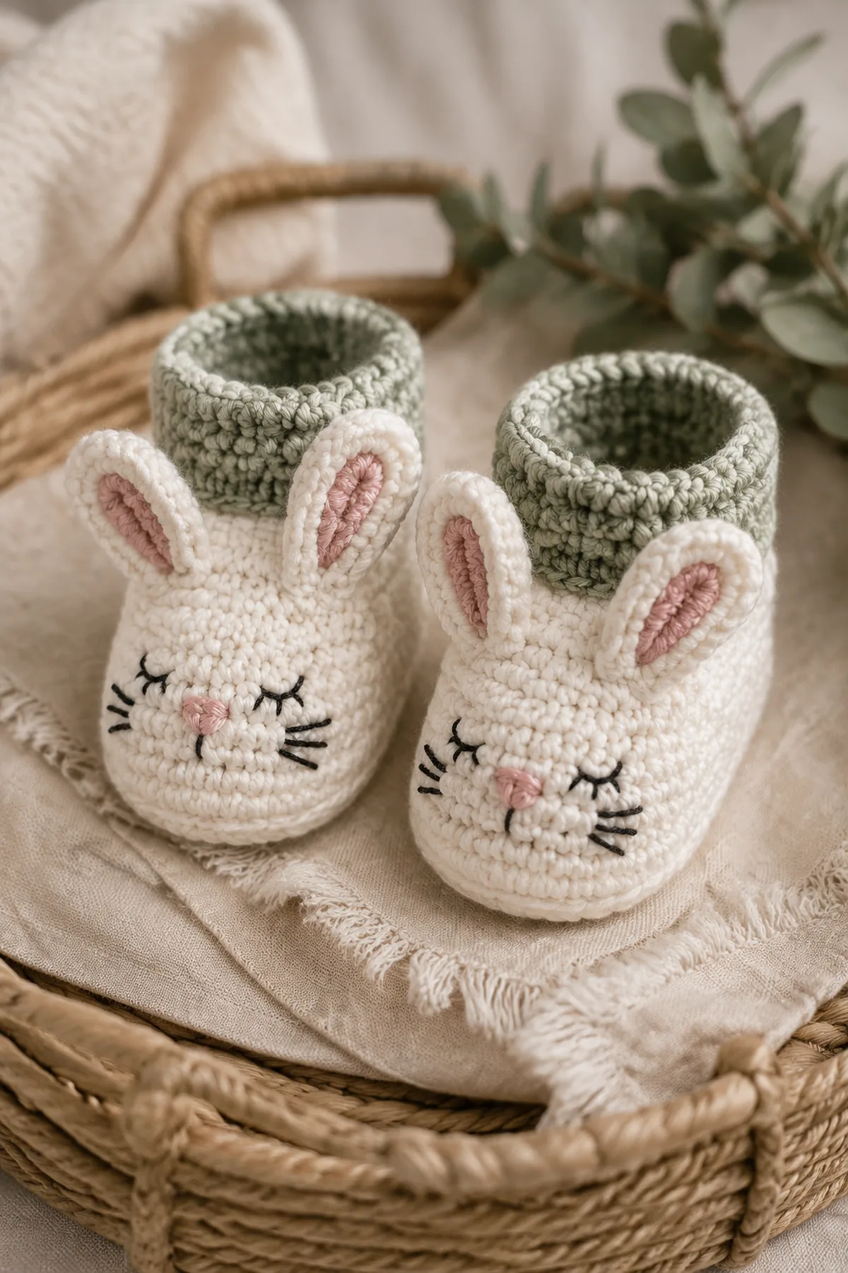 Finished crochet bunny baby booties in soft cream and sage yarn on a neutral nursery surface