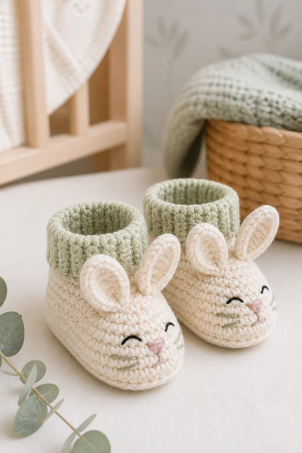 Finished crochet bunny baby booties styled in a calm bright nursery setting without a baby present