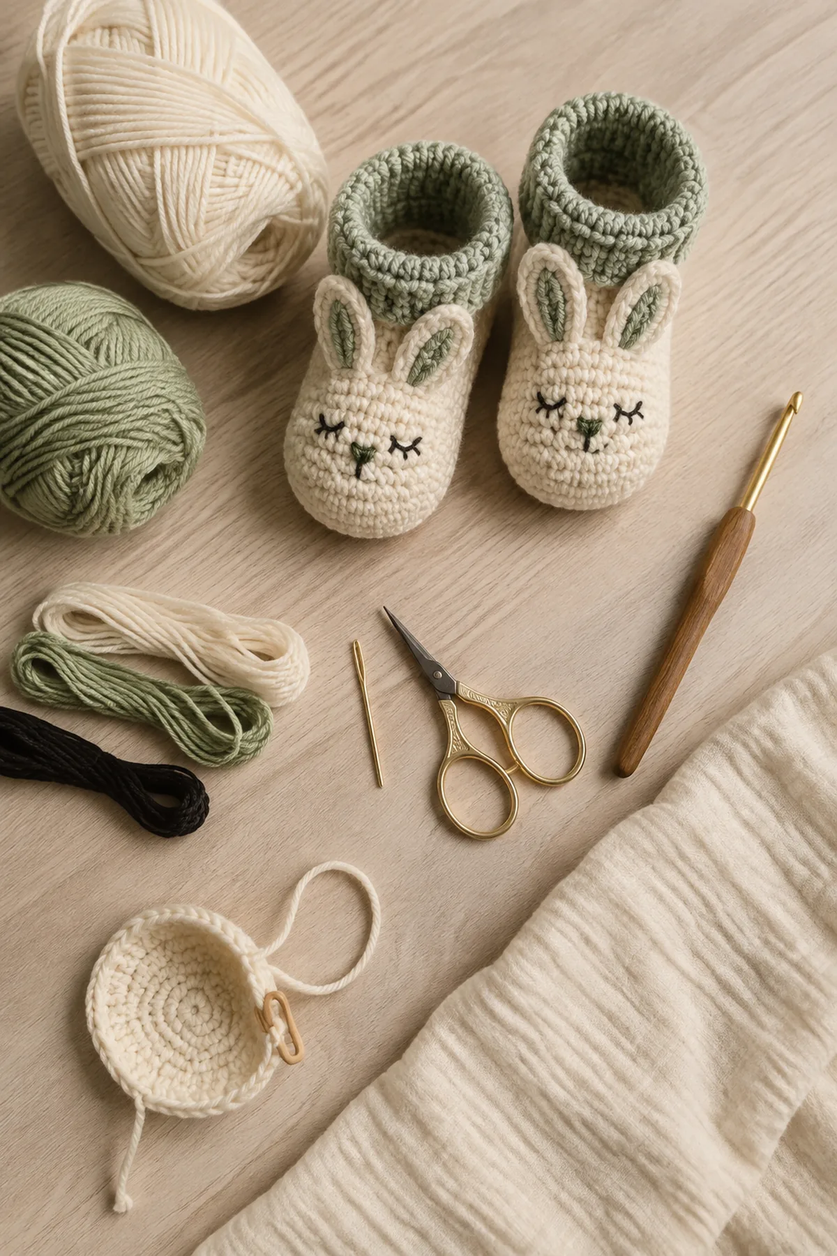 Baby-friendly yarn, crochet hook, stitch markers, tape measure, yarn needle, and scissors for crochet bunny baby booties