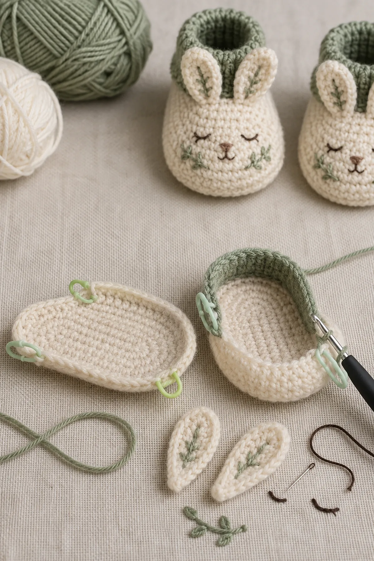 Early counted crochet stage of crochet bunny baby booties with matching yarn and hook
