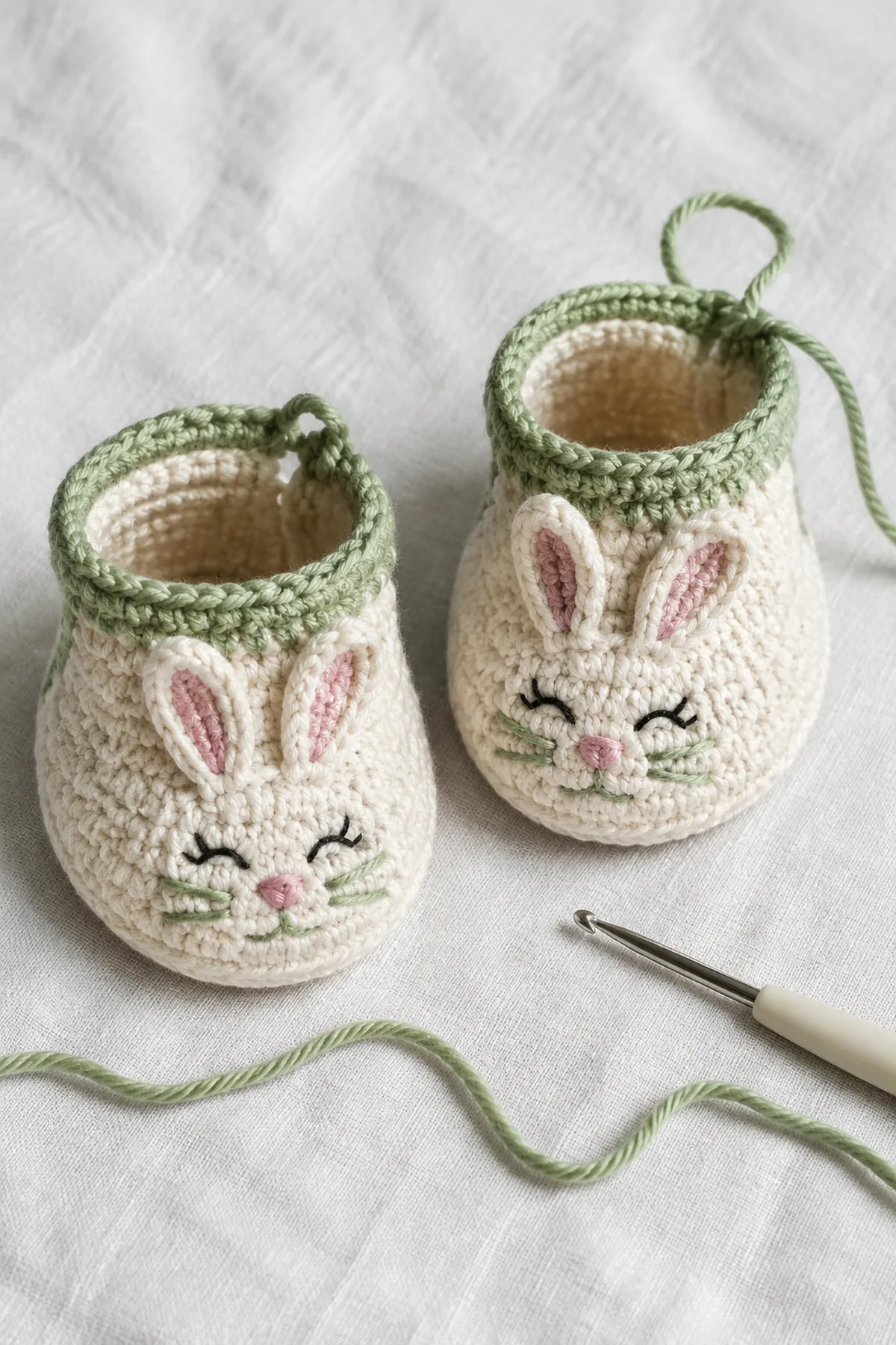 Mid-process construction of crochet bunny baby booties showing the established shape