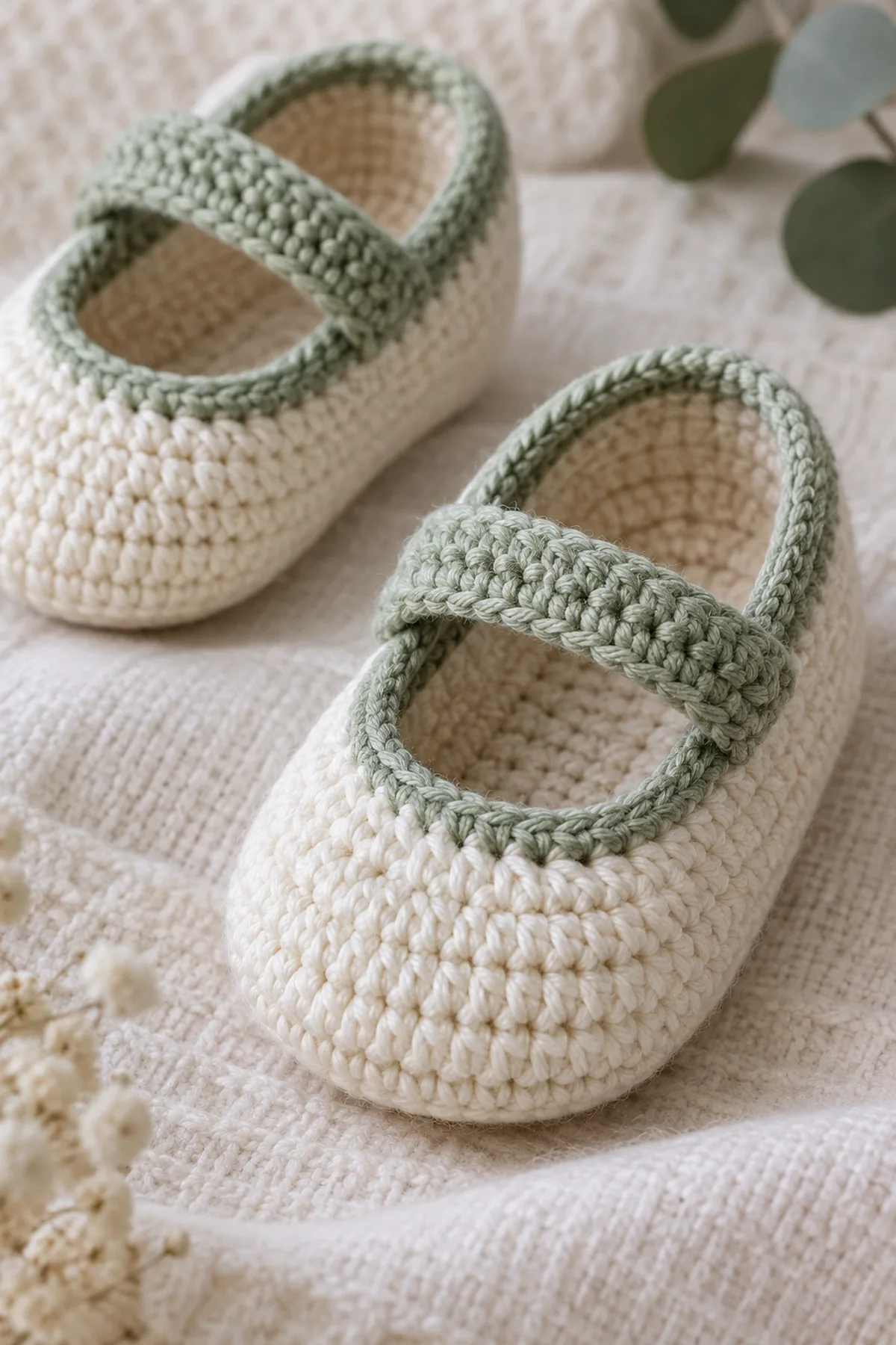 Close-up of the stitch texture and securely finished details on crochet button-free baby mary janes