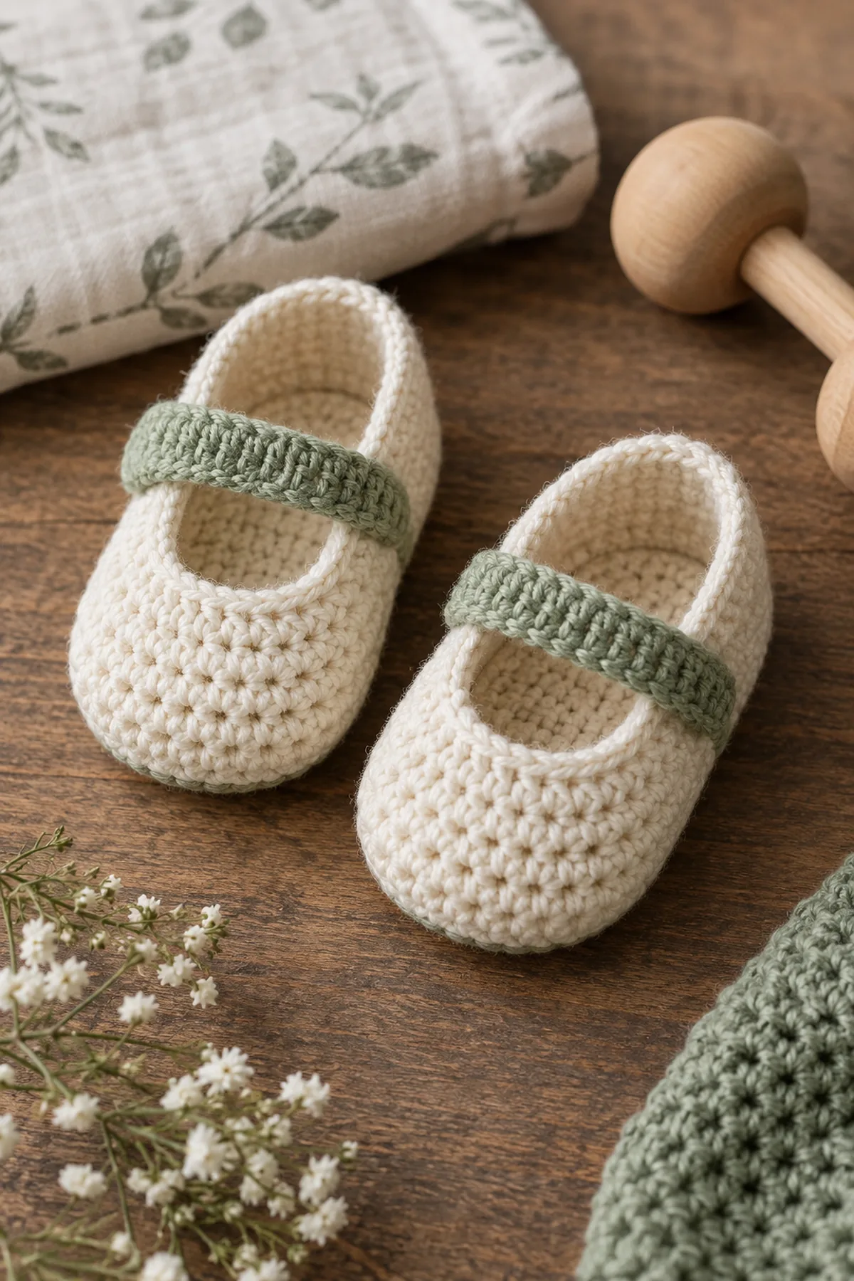 Finished crochet button-free baby mary janes in soft cream and sage yarn on a neutral nursery surface