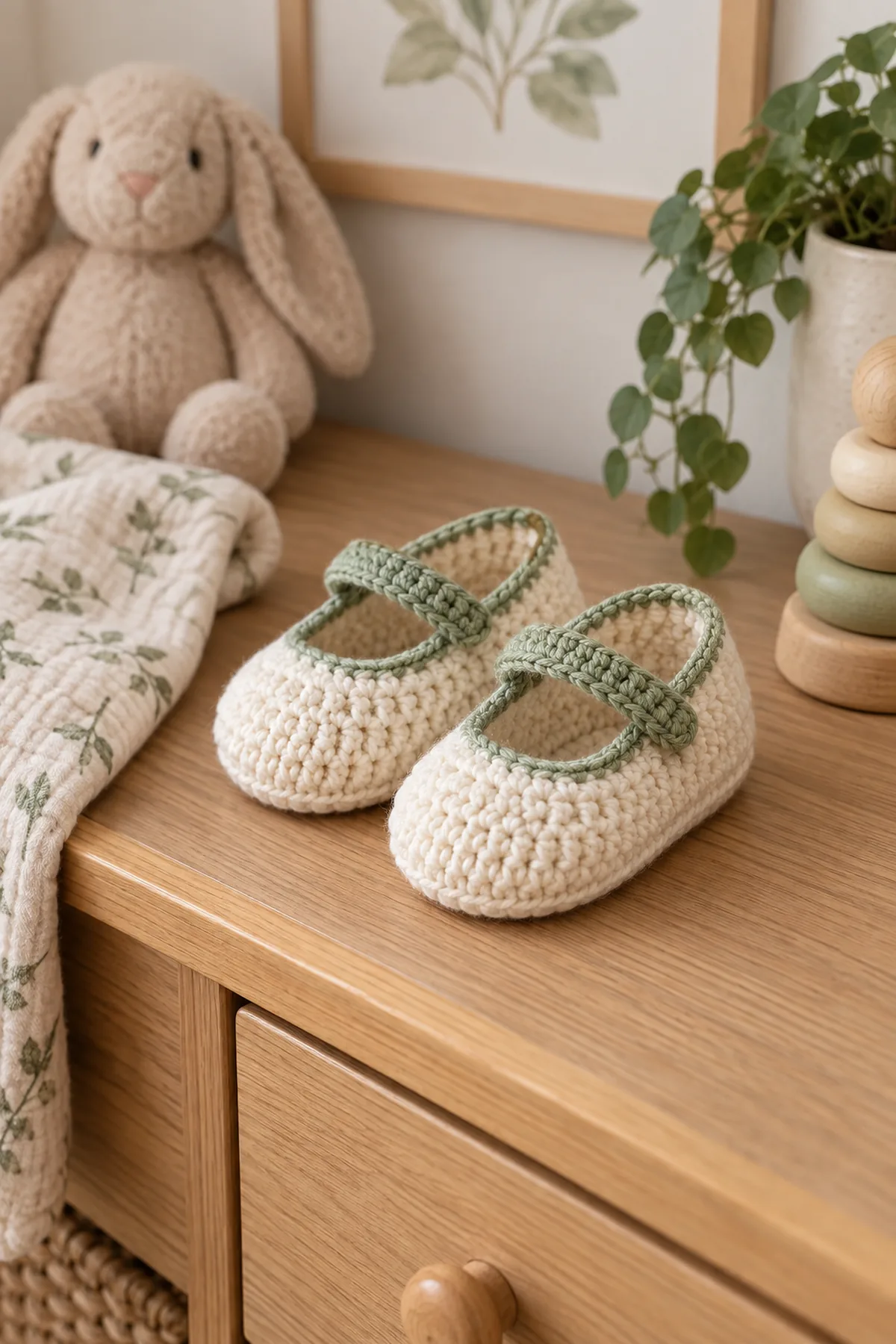 Finished crochet button-free baby mary janes styled in a calm bright nursery setting without a baby present