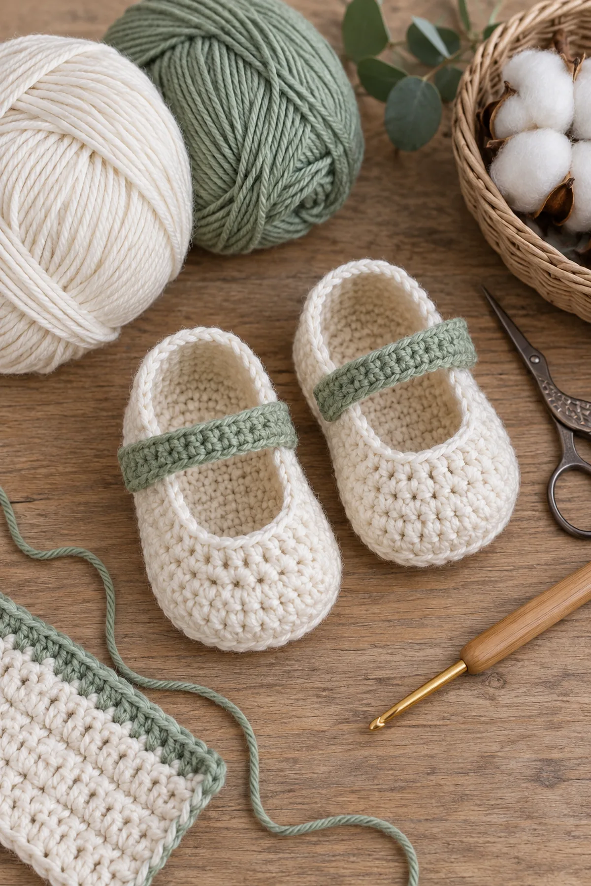 Baby-friendly yarn, crochet hook, stitch markers, tape measure, yarn needle, and scissors for crochet button-free baby mary janes