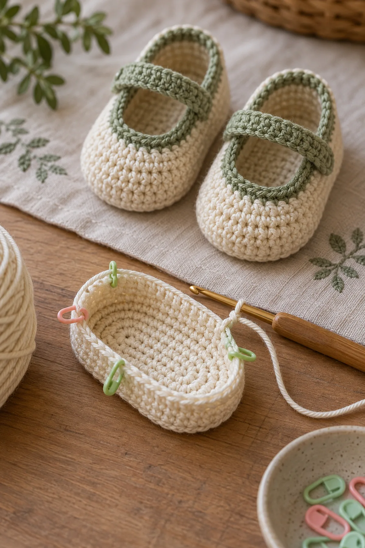 Early counted crochet stage of crochet button-free baby mary janes with matching yarn and hook