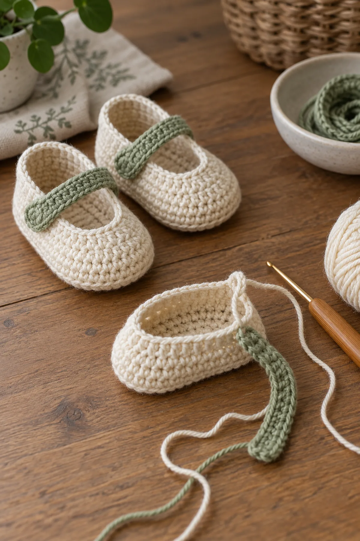 Mid-process construction of crochet button-free baby mary janes showing the established shape