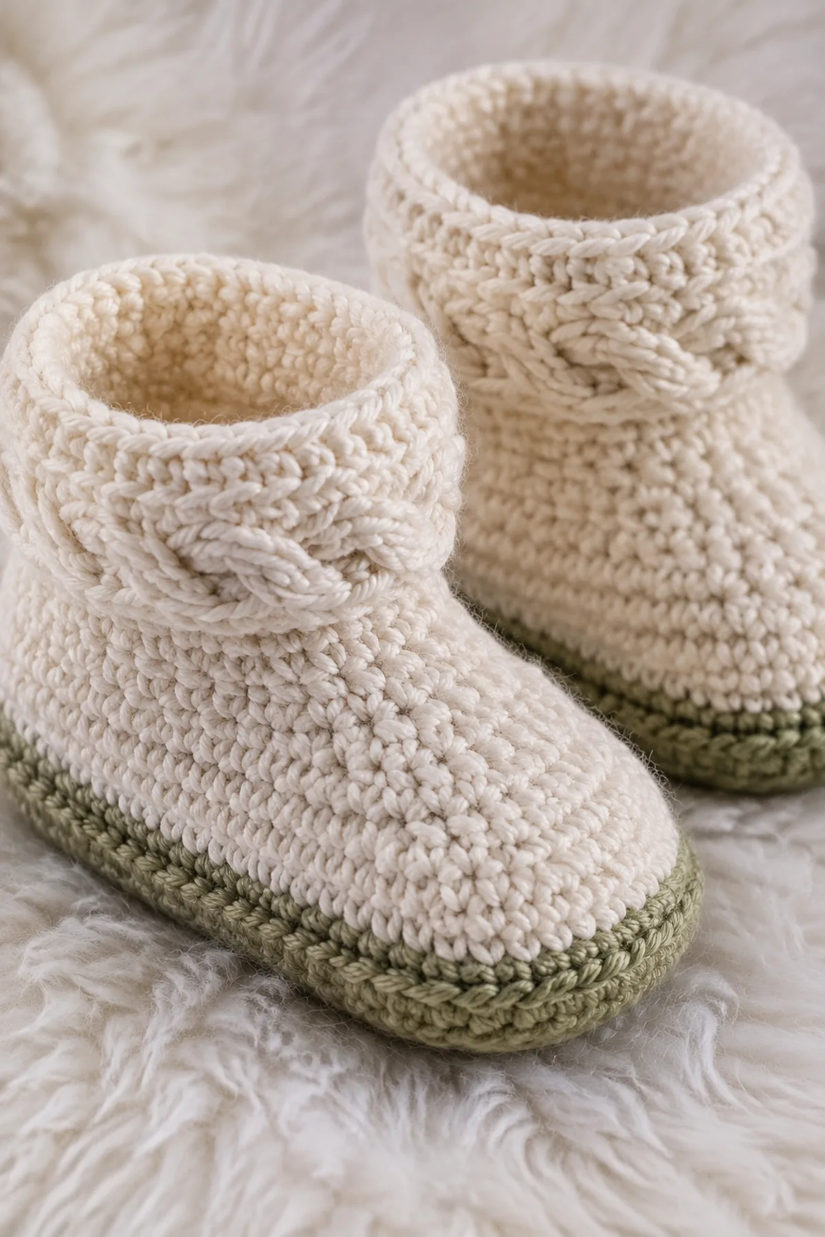Close-up of the stitch texture and securely finished details on crochet cable cuff baby booties