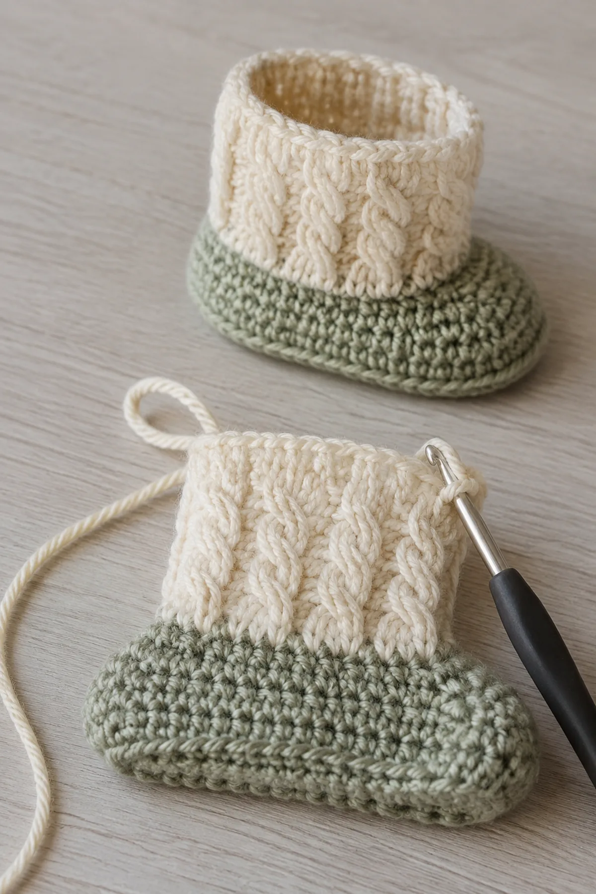 Mid-process construction of crochet cable cuff baby booties showing the established shape