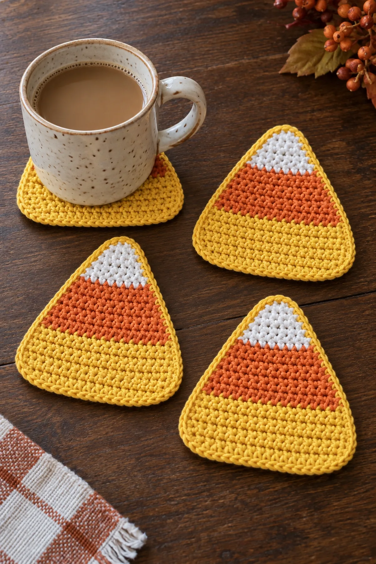 Set of four flat rounded-triangle candy corn crochet coasters on a dark wooden table, one plain ceramic cup rests fully on broad yellow area of one coaster, other three show small white tips, narrow orange stripes and wide yellow bases; no real candy or candles