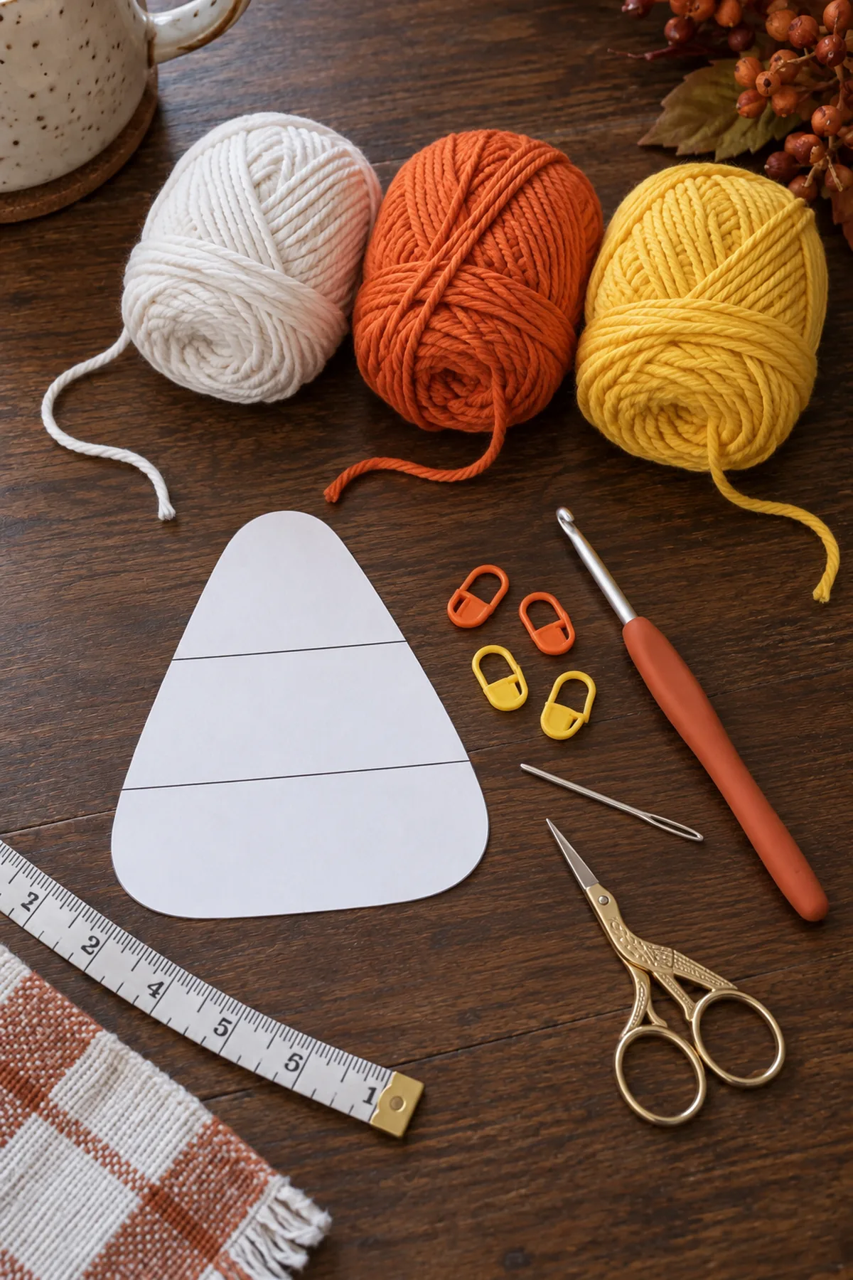 Only white, orange and golden-yellow worsted cotton yarn, 4 mm hook, markers, yarn needle, scissors, measuring tape and paper rounded-triangle blocking outline on dark walnut worktable; no candy and no finished crochet