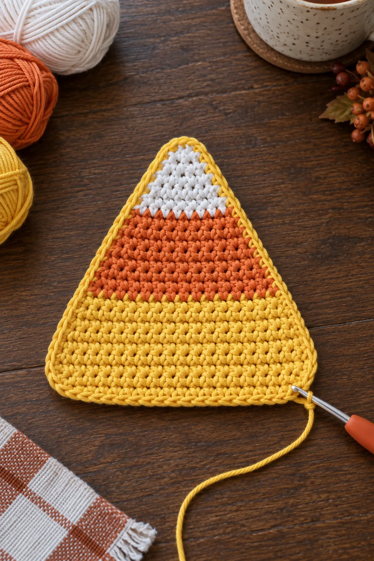One completed flat three-stripe crochet triangle laid flat: small white tip, narrow orange band and broad yellow base, thin continuous yellow edging being finished with hook at bottom corner; no face, no stuffing