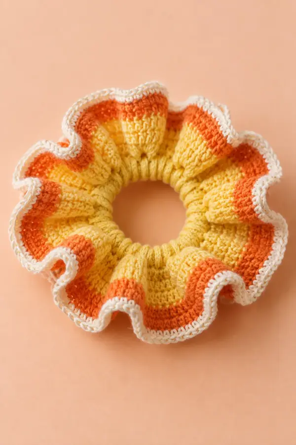 One adult crochet scrunchie on soft peach background: gathered yellow crochet elastic casing at center, abundant curly ruffle with yellow inner double-crochet band, orange middle double-crochet band and narrow cream single-crochet outer edge. Colors CONCENTRIC and ruffle curls repeatedly around open center, not individual candy-corn triangles, not a toy, no faces, smooth fine DK cotton
