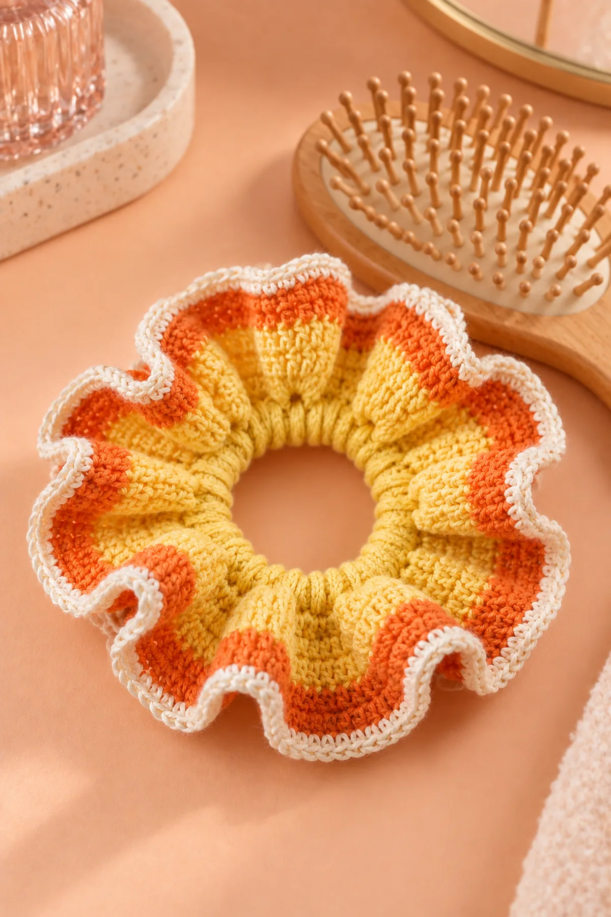 Same adult yellow-inner orange-middle cream-edge curly crochet scrunchie resting next to wooden hairbrush on peach vanity, visible open gathered center, no person, no candy or toy