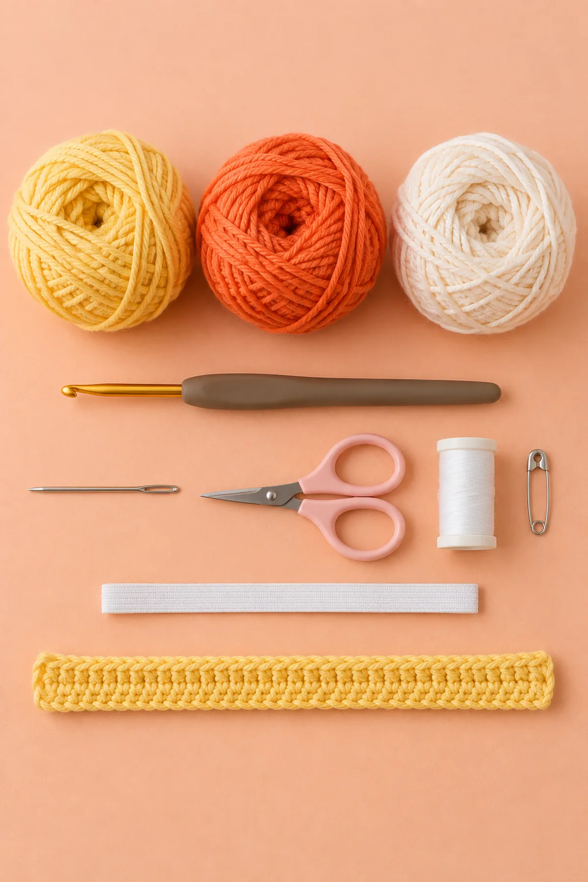 Yellow orange and cream DK cotton yarn, 3.5 mm hook, yarn needle, scissors, sewing thread, small safety pin and one short flat white elastic strip on peach background, no finished scrunchie