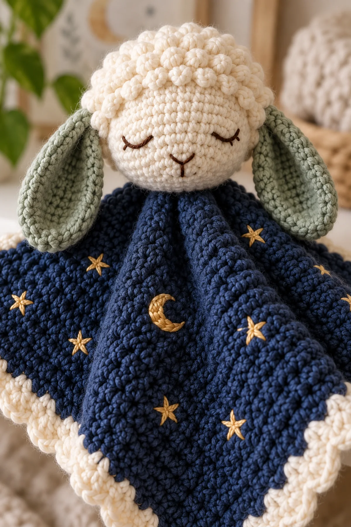 Close-up of the stitch texture and securely finished details on crochet celestial lamb baby lovey