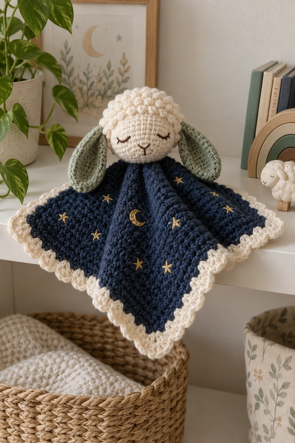 Finished crochet celestial lamb baby lovey in soft cream and sage yarn on a neutral nursery surface