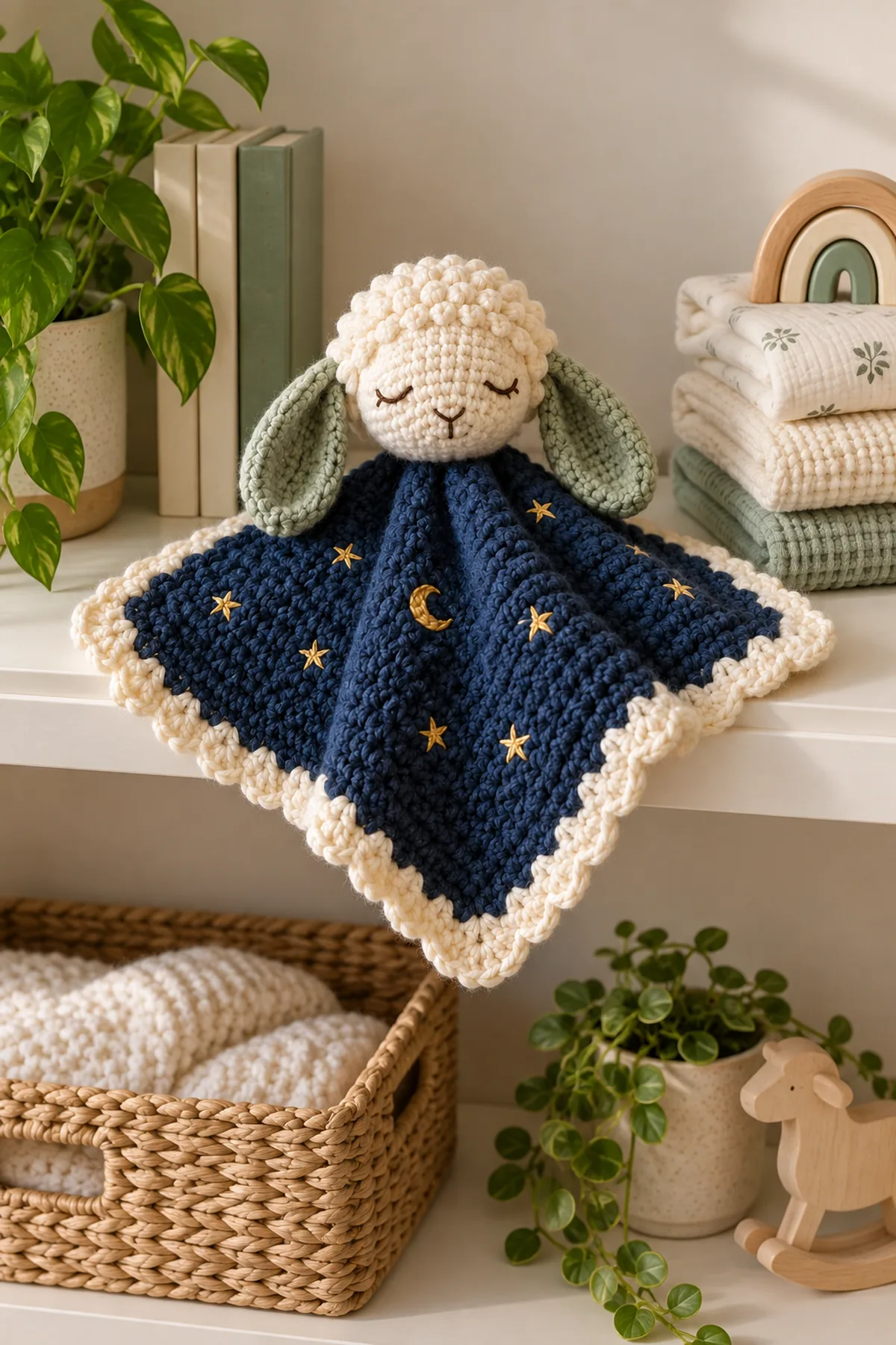 Finished crochet celestial lamb baby lovey styled in a calm bright nursery setting without a baby present