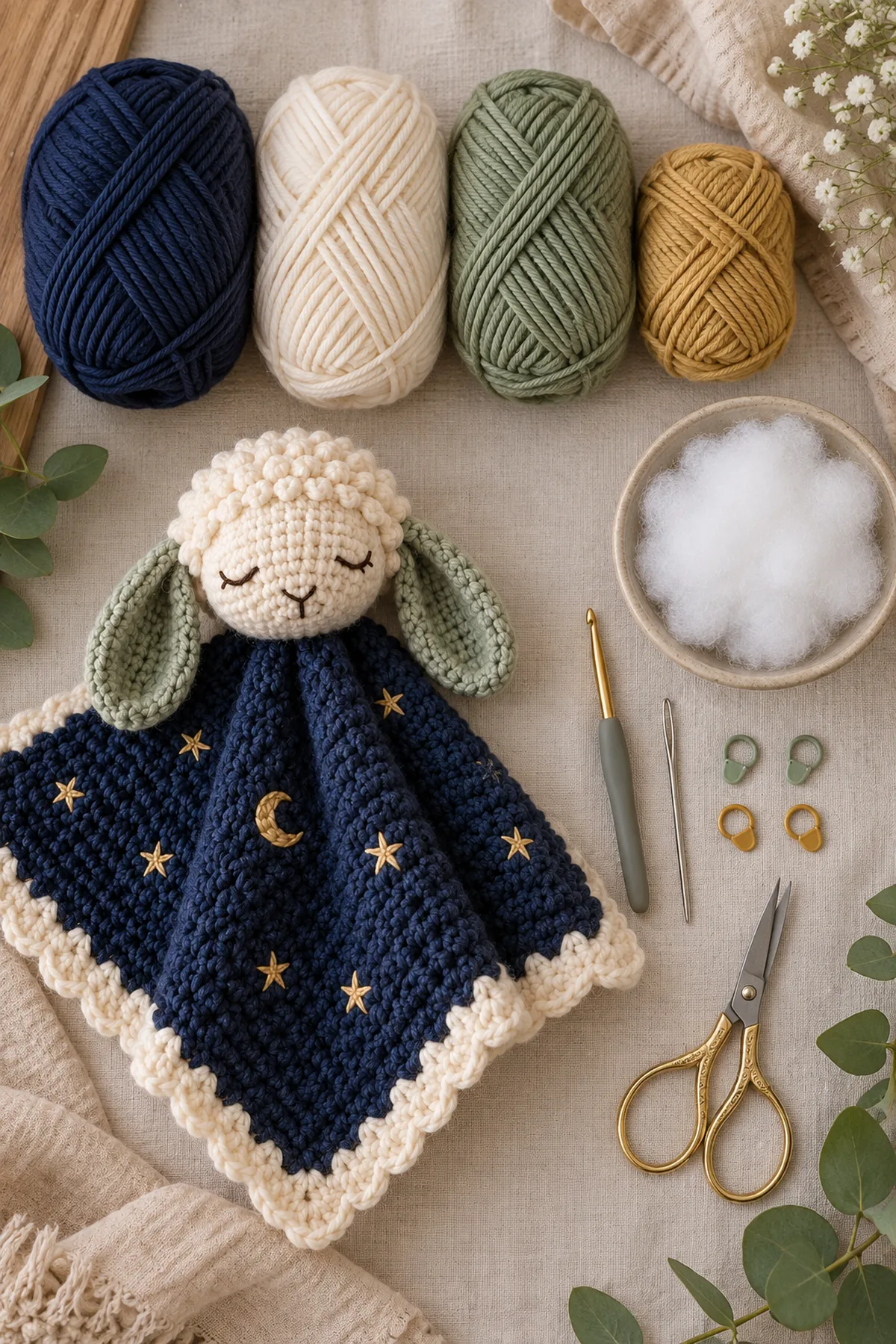 Baby-friendly yarn, crochet hook, stitch markers, tape measure, yarn needle, and scissors for crochet celestial lamb baby lovey