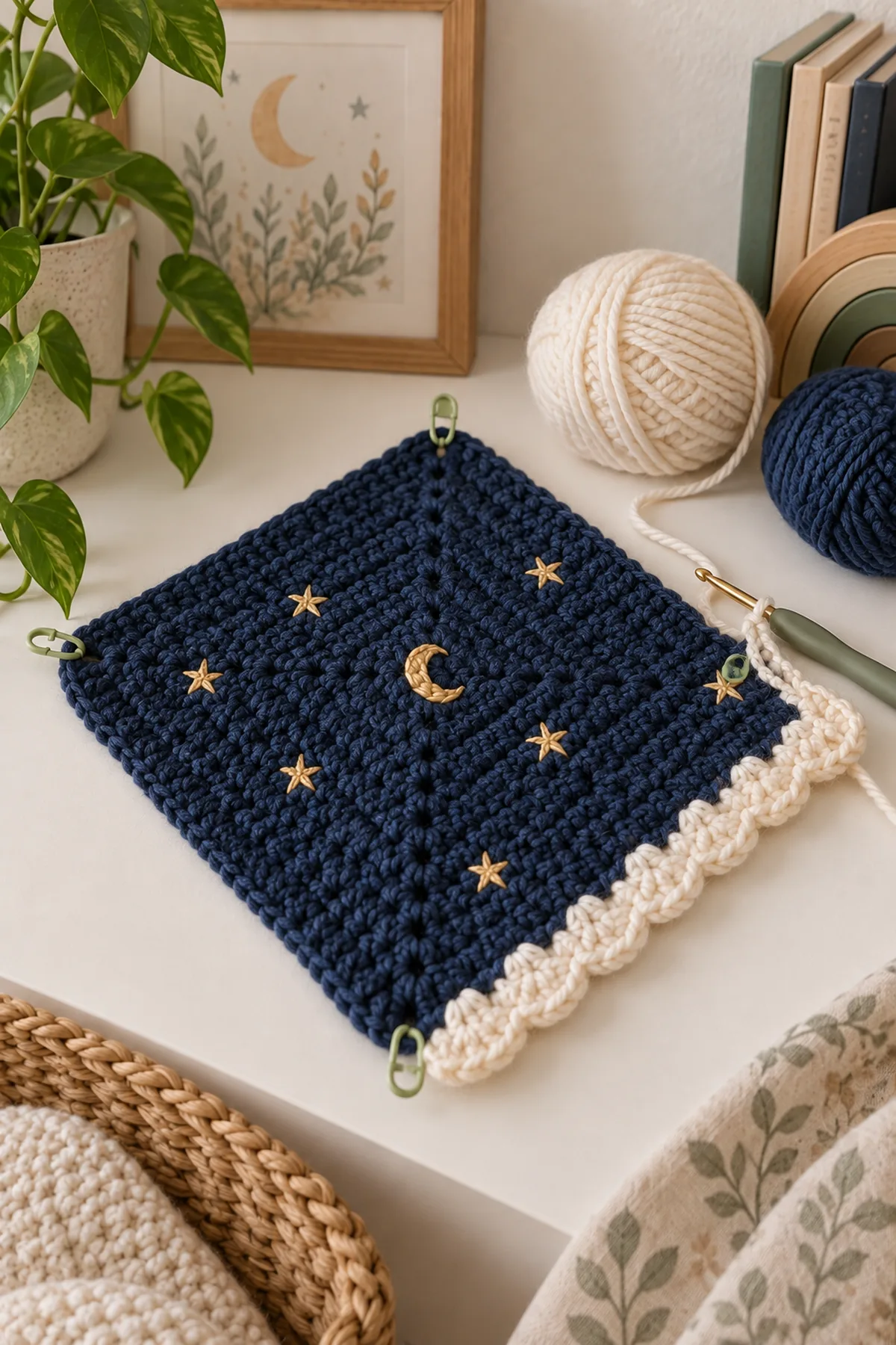 Early counted crochet stage of crochet celestial lamb baby lovey with matching yarn and hook