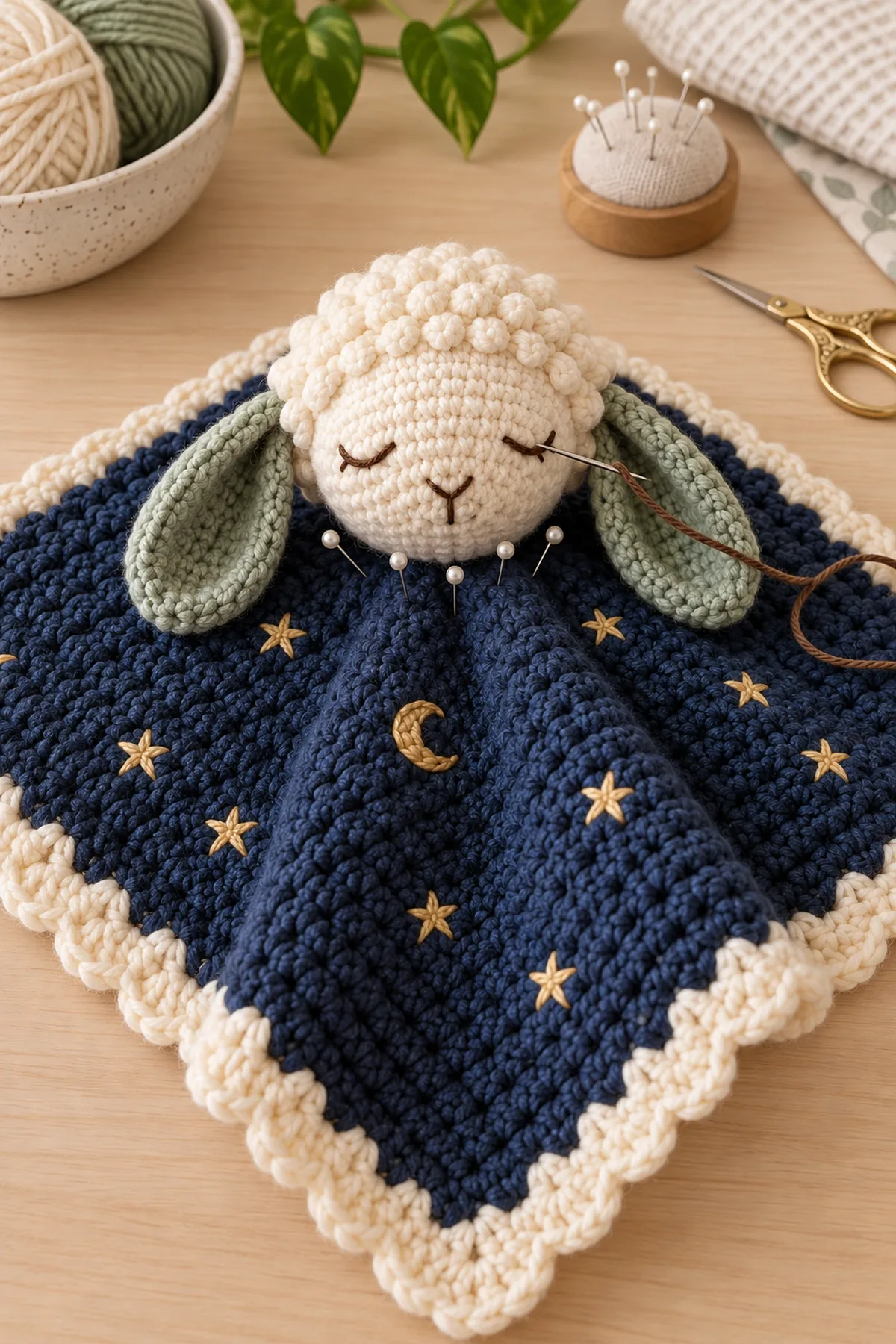 Mid-process construction of crochet celestial lamb baby lovey showing the established shape