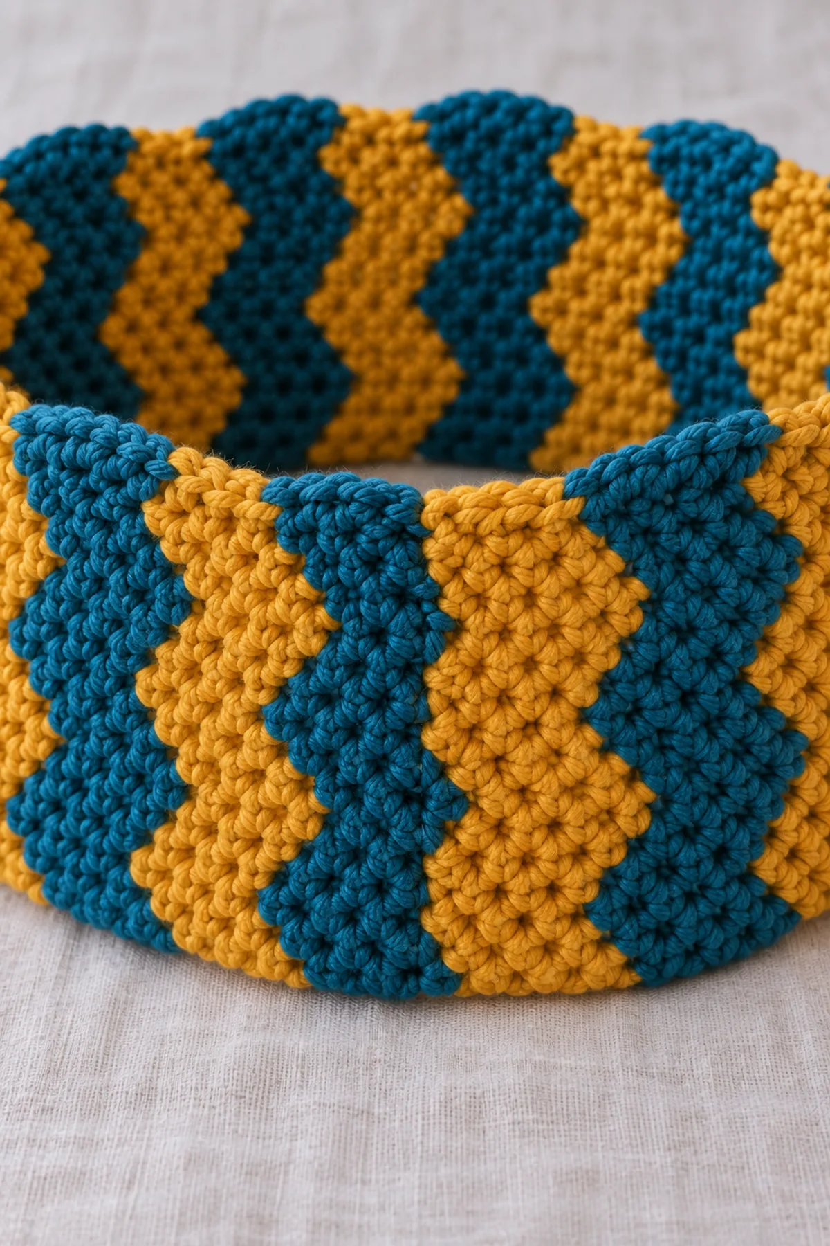 Close view of the discreet sewn seam joining corresponding shaped short ends of a teal and mustard crochet ripple infinity scarf, a teal band meeting a mustard band, solid sc texture, no twist no buttons