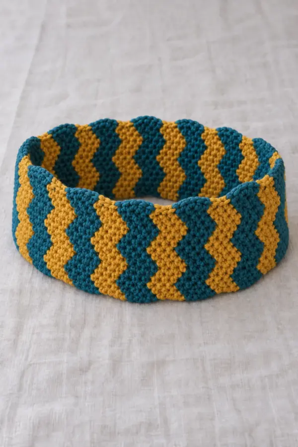 One adult crochet cowl-length infinity scarf formed into a single untwisted loose upright oval loop on pale grey linen, solid single-crochet fabric with repeating broad six-row teal and mustard zigzag bands, two shallow ripple peaks across scarf height, about 29-inch circumference and 6-7-inch height, no free tails, no fringe, no human