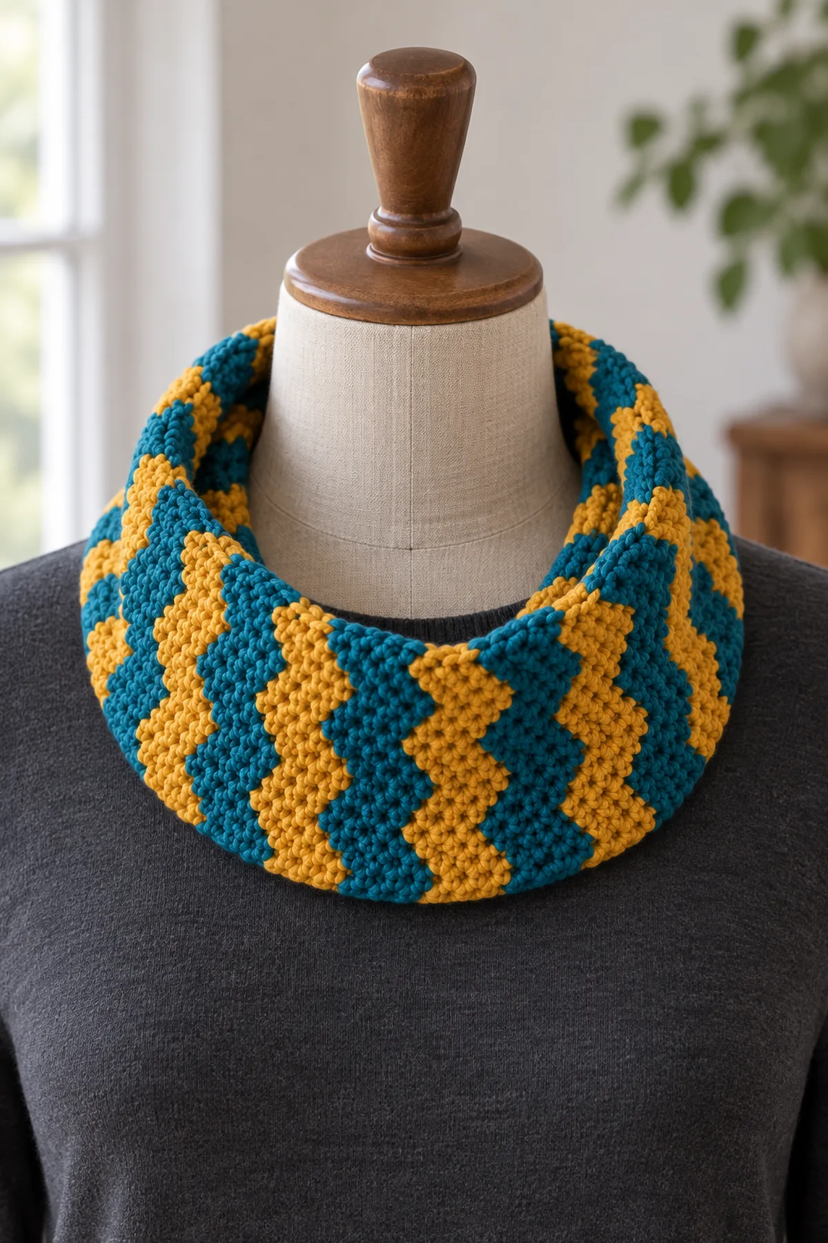 Same teal and mustard zigzag single-loop crochet cowl loosely around the neck of an adult neutral torso dress form wearing charcoal clothing, no human, visible open center and no free scarf ends, natural window light