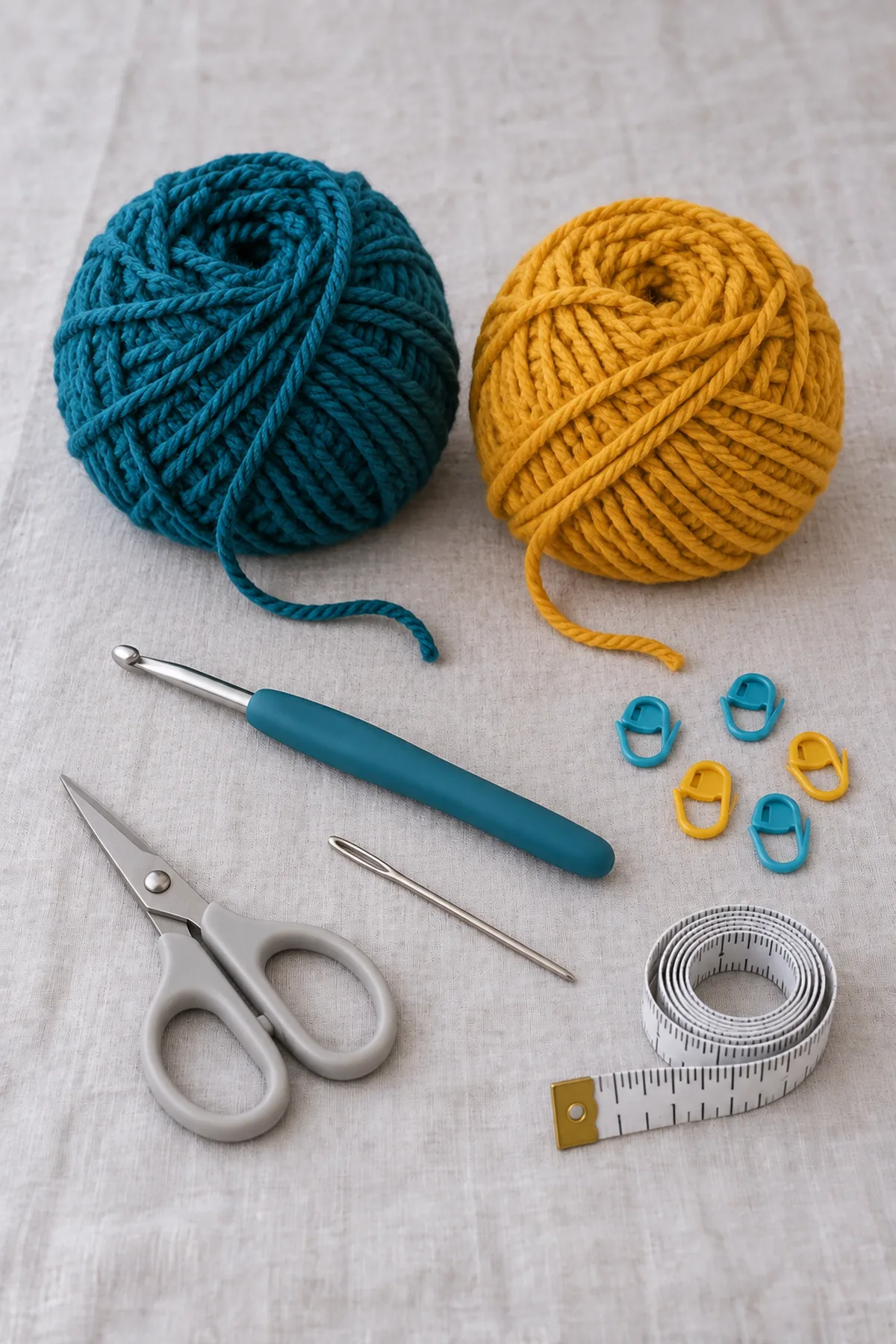 Only teal and mustard worsted yarn, 5 mm hook, five stitch markers, yarn needle, scissors and tape measure on pale grey linen, no finished scarf