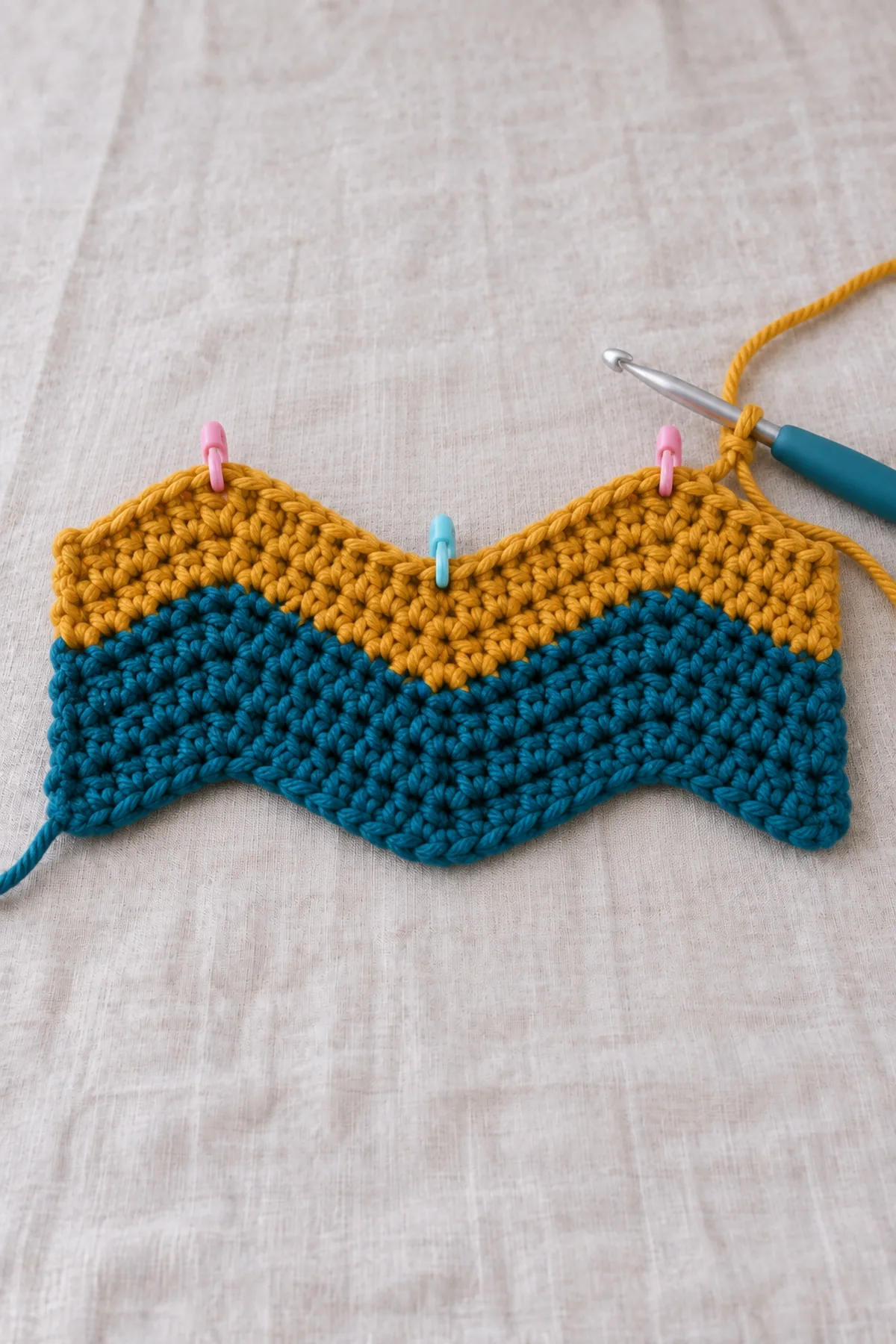 Small unfinished flat solid single-crochet ripple swatch on hook, two shallow peaks across short width, one teal six-row band then a mustard band in progress, markers at two peaks and central valley, no joined loop