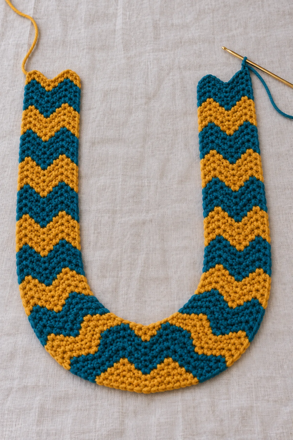 Long flat single-crochet ripple strip in alternating teal and mustard zigzag bands laid in a broad U on linen with both short shaped ends visibly separate, needle and sewing tail ready, no seam yet