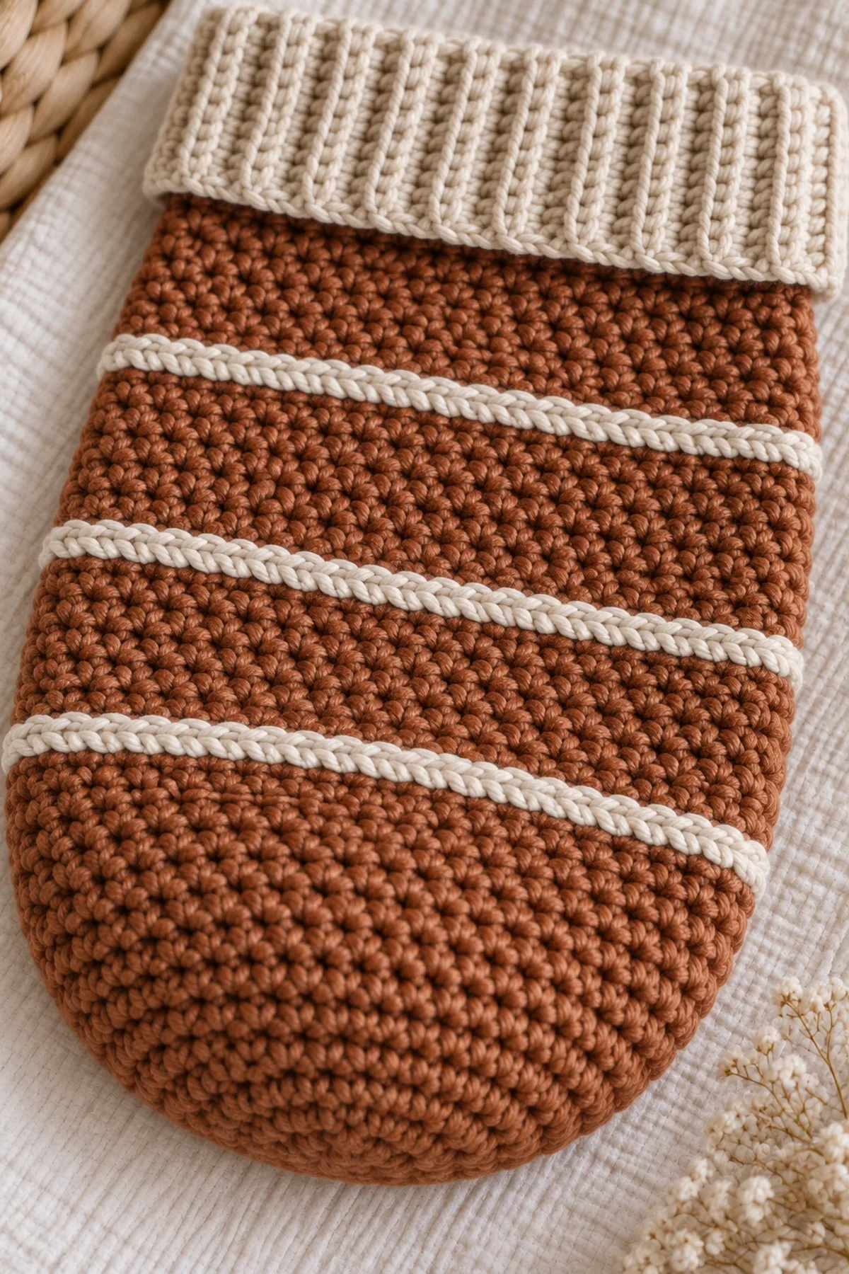 Close view of cinnamon half-double crochet, oatmeal surface ridge, flat base seam, and wide folded ribbing
