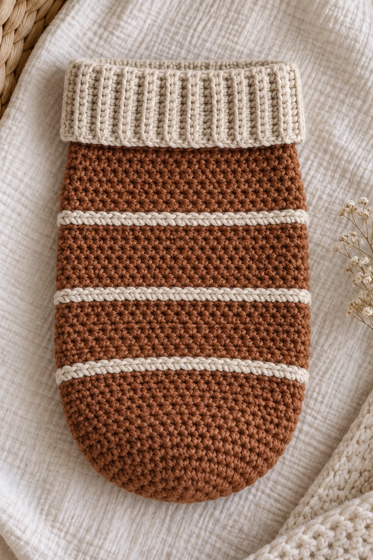 Finished warm-cinnamon crochet newborn photo cocoon with three oatmeal ridges and wide folded oatmeal ribbed cuff