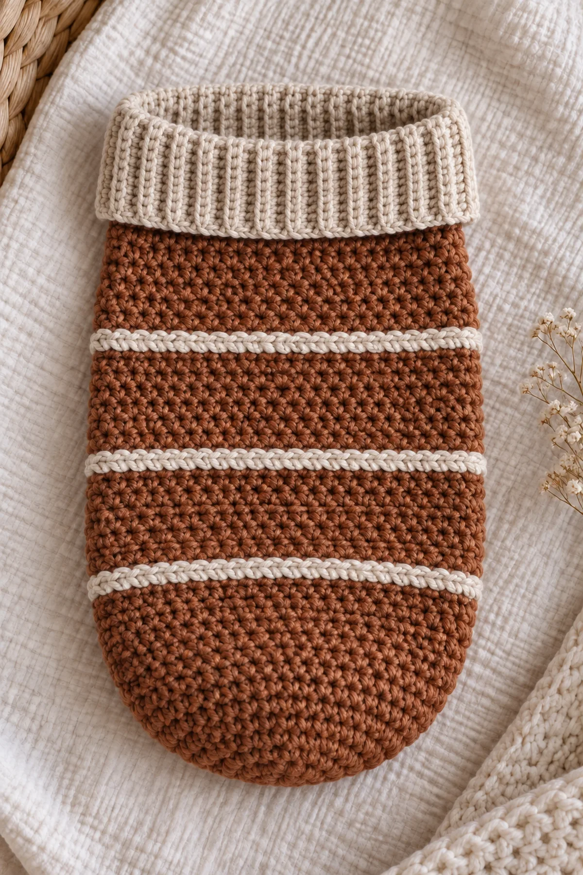Finished cinnamon and oatmeal newborn photo cocoon displayed empty on a neutral studio blanket without a baby