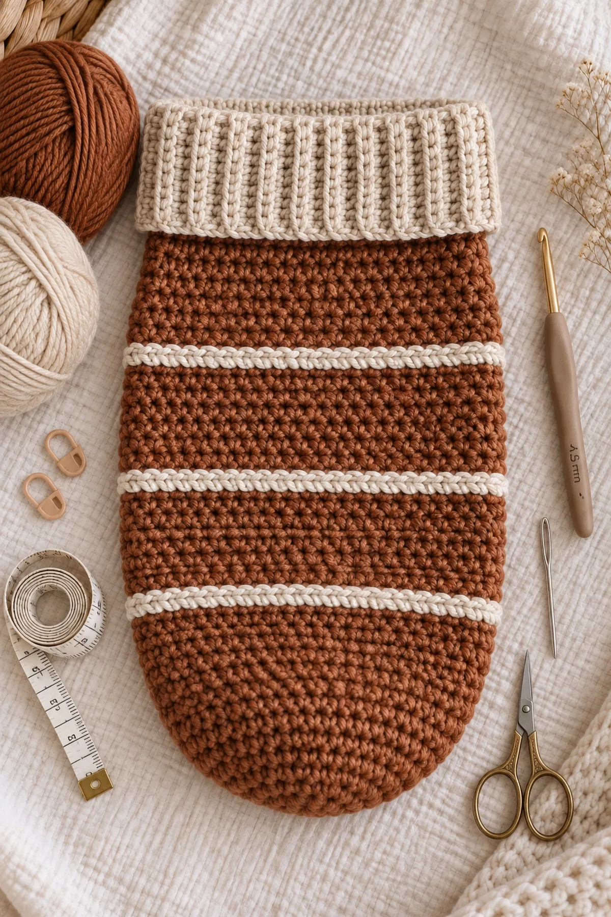 Cinnamon and oatmeal DK yarn, 4.5 mm hook, two markers, tape measure, needle, and scissors