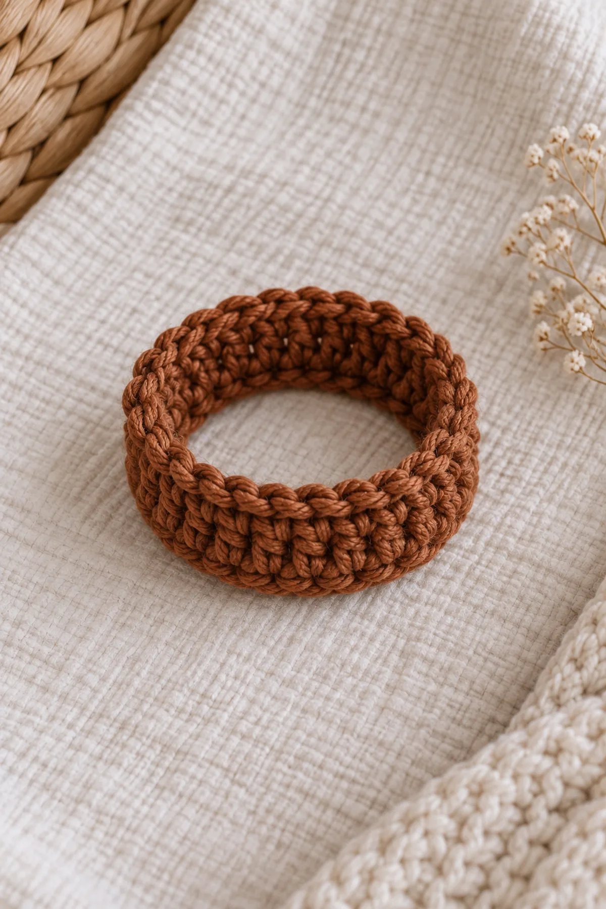 Untwisted 50-stitch cinnamon cocoon foundation ring with two early half-double-crochet rounds