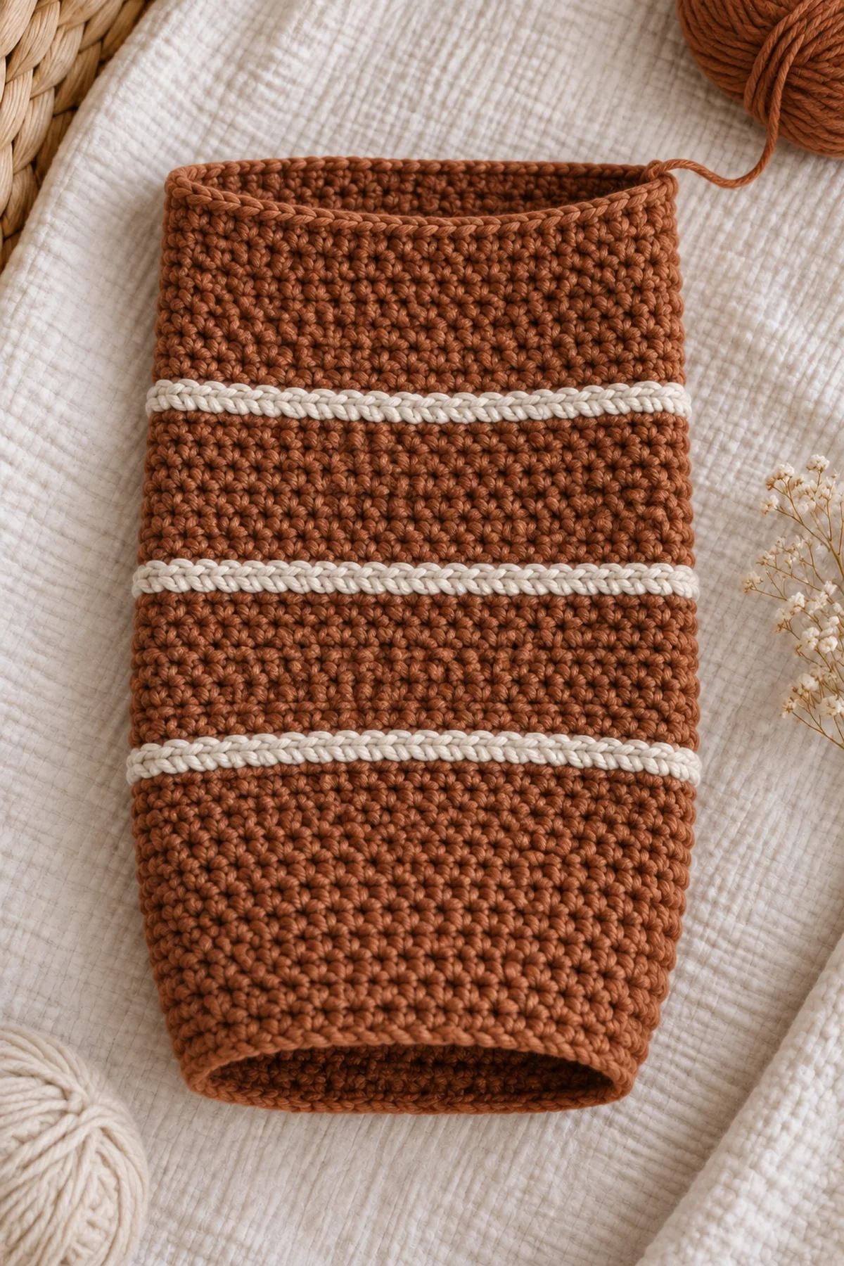 Unfinished cinnamon cocoon tube with three oatmeal ridges before flat base closure and foldover cuff