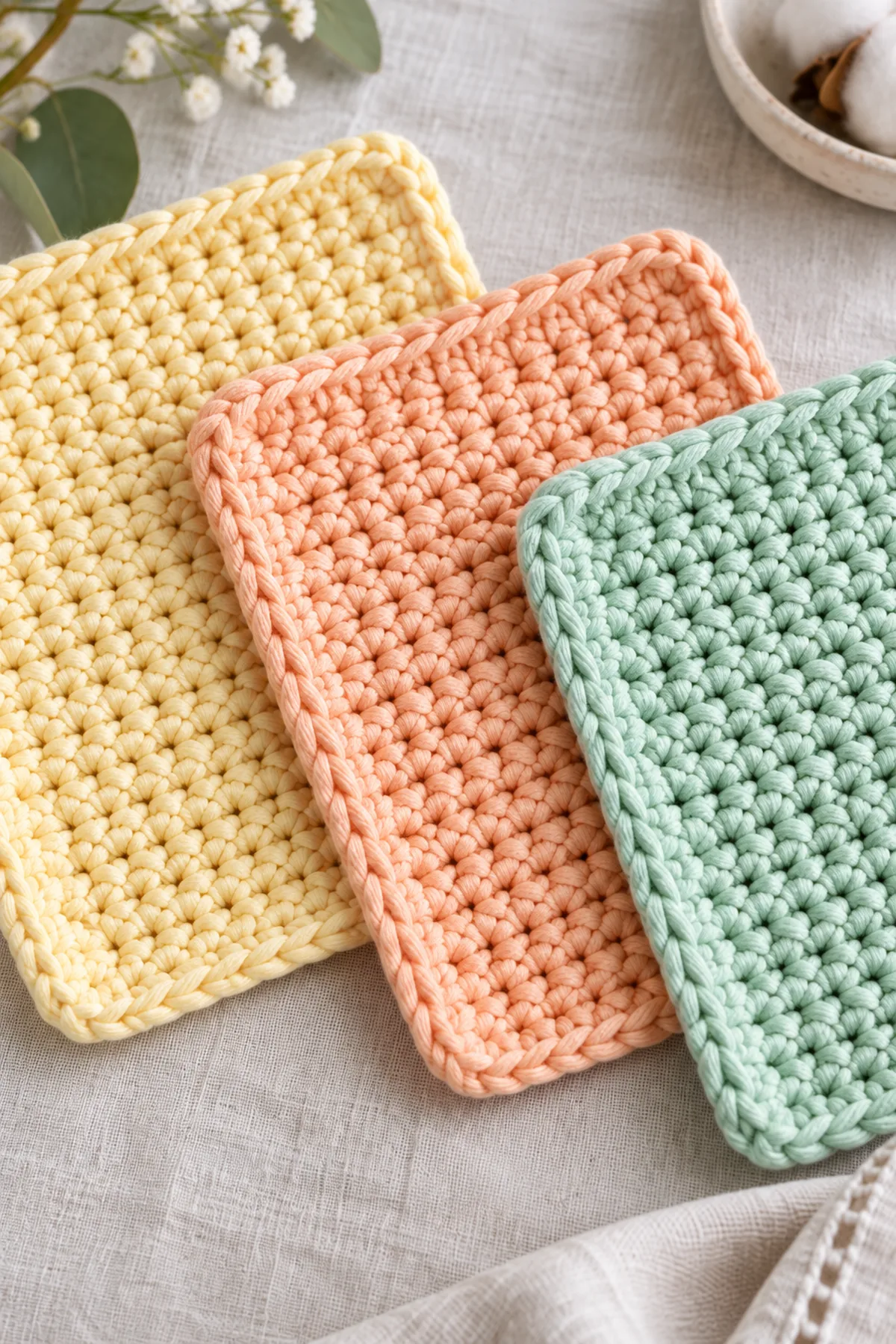 Close-up of even single-crochet stitches and the tidy three-stitch corners on lemon, apricot, and mint washcloths