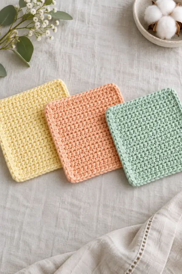 Three finished eight-inch square cotton baby washcloths in muted lemon, apricot, and mint, each with a plain counted body and neat border