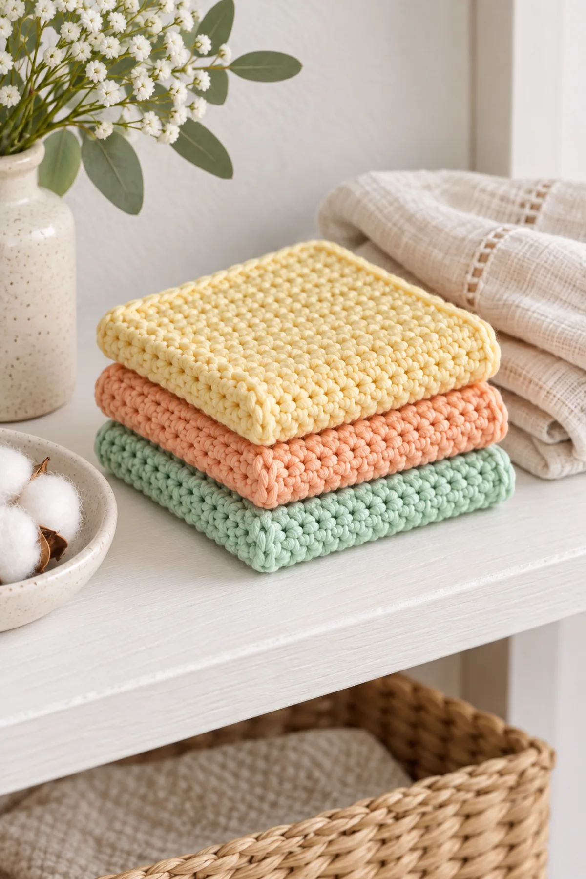 Finished lemon, apricot, and mint cotton baby washcloth trio stacked with a folded muslin cloth on a bright neutral shelf