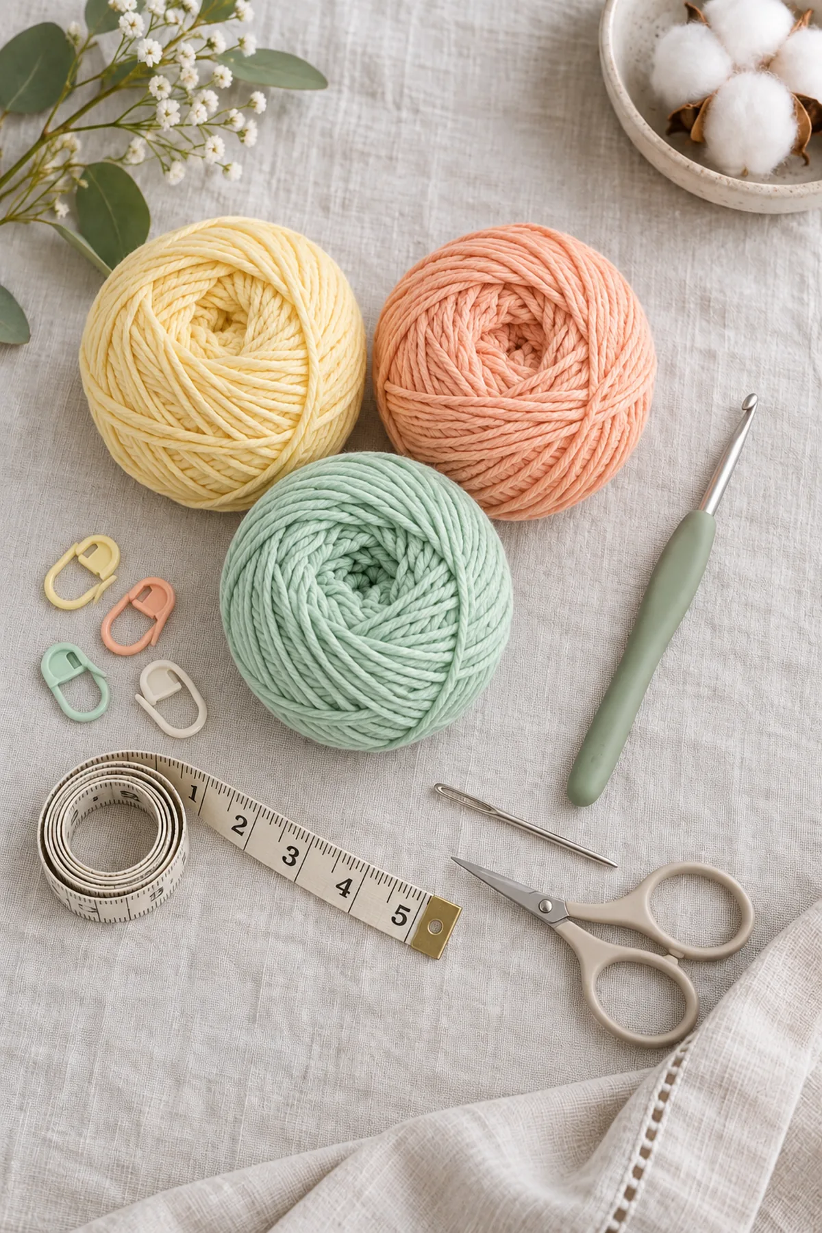Muted lemon, apricot, and mint washable cotton DK yarn, crochet hook, four stitch markers, tape measure, yarn needle, and scissors