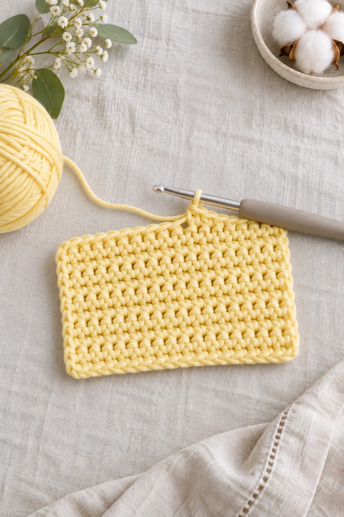 First muted lemon cotton baby washcloth at an early counted row with a 4 mm hook and simple square edges