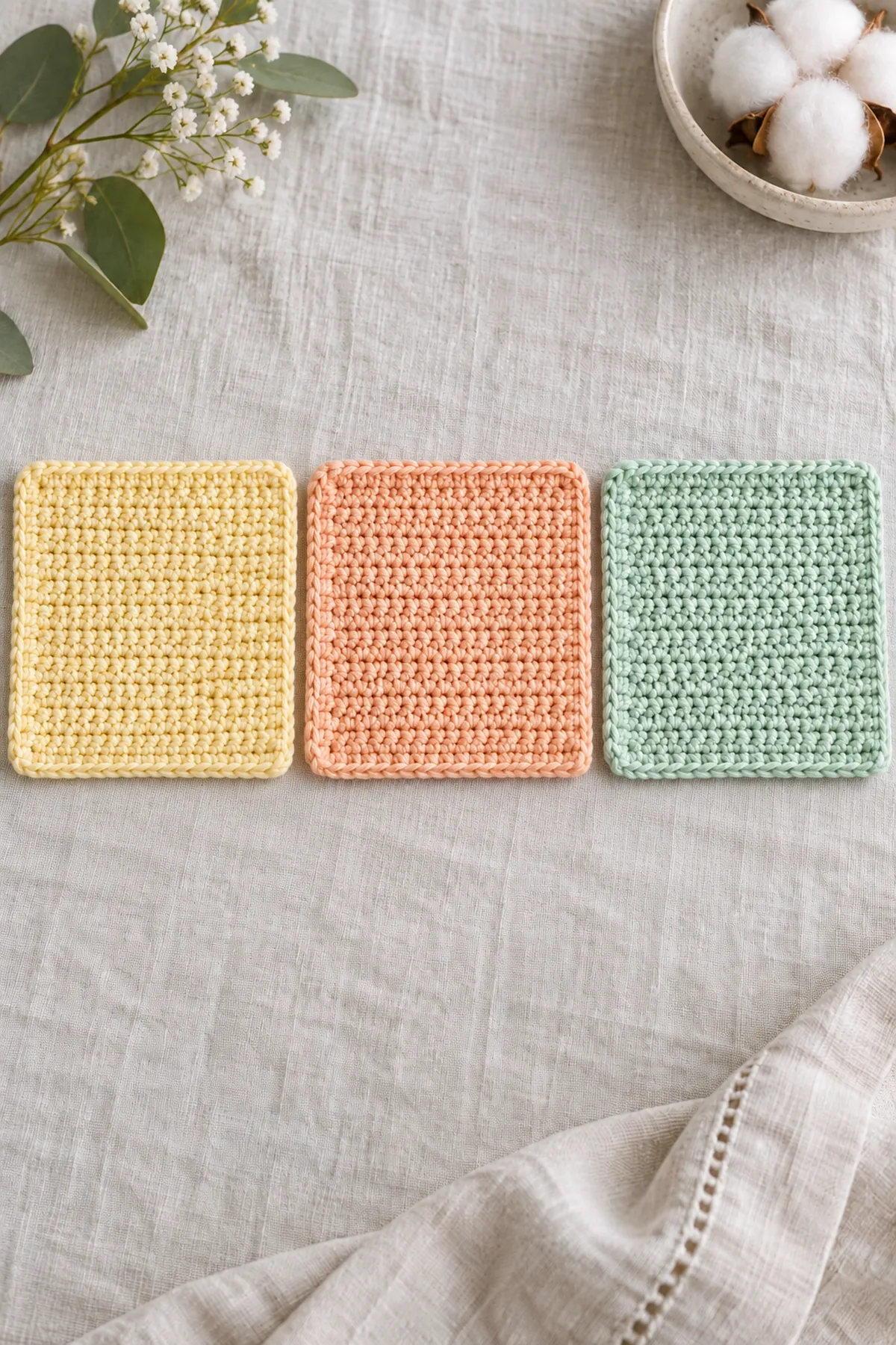 Three cotton washcloth squares in lemon, apricot, and mint before single-crochet borders, showing their matching size