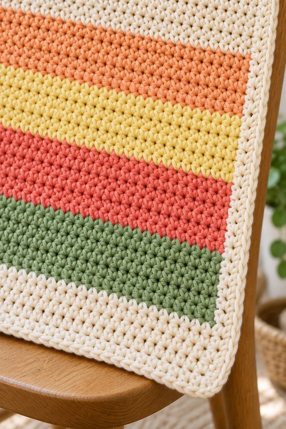 Close view of crisp color changes, even half-double crochet, woven tails, and the cream three-stitch border corner
