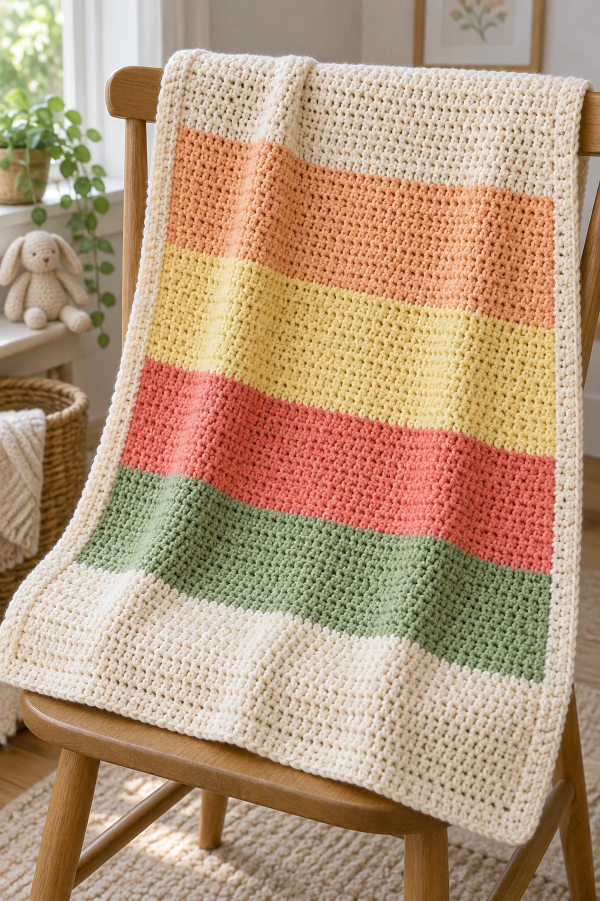 Finished crochet baby blanket with broad warm-cream apricot lemon coral and leaf-green bands framed by a warm-cream border