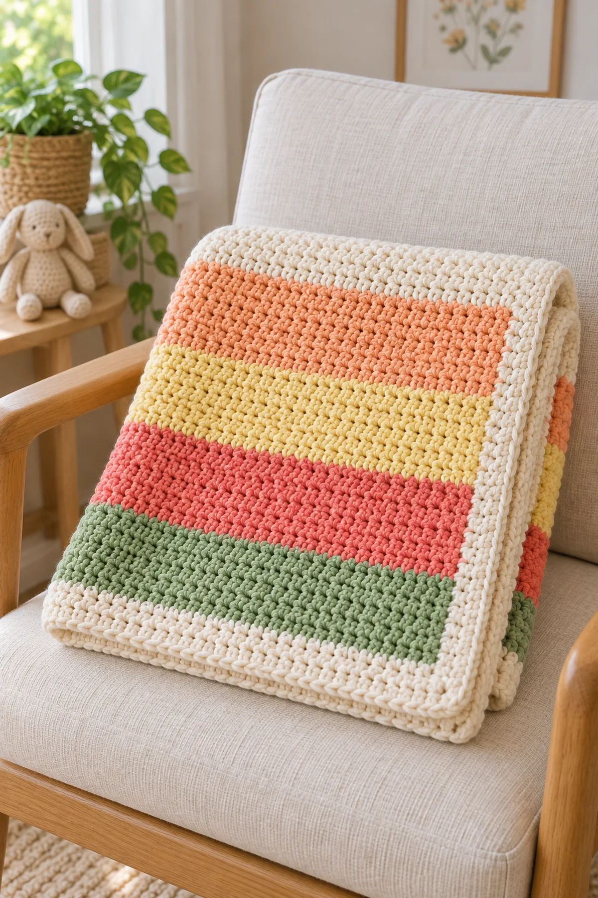 Finished citrus tile baby blanket folded on a clean neutral nursery chair without a baby or crib