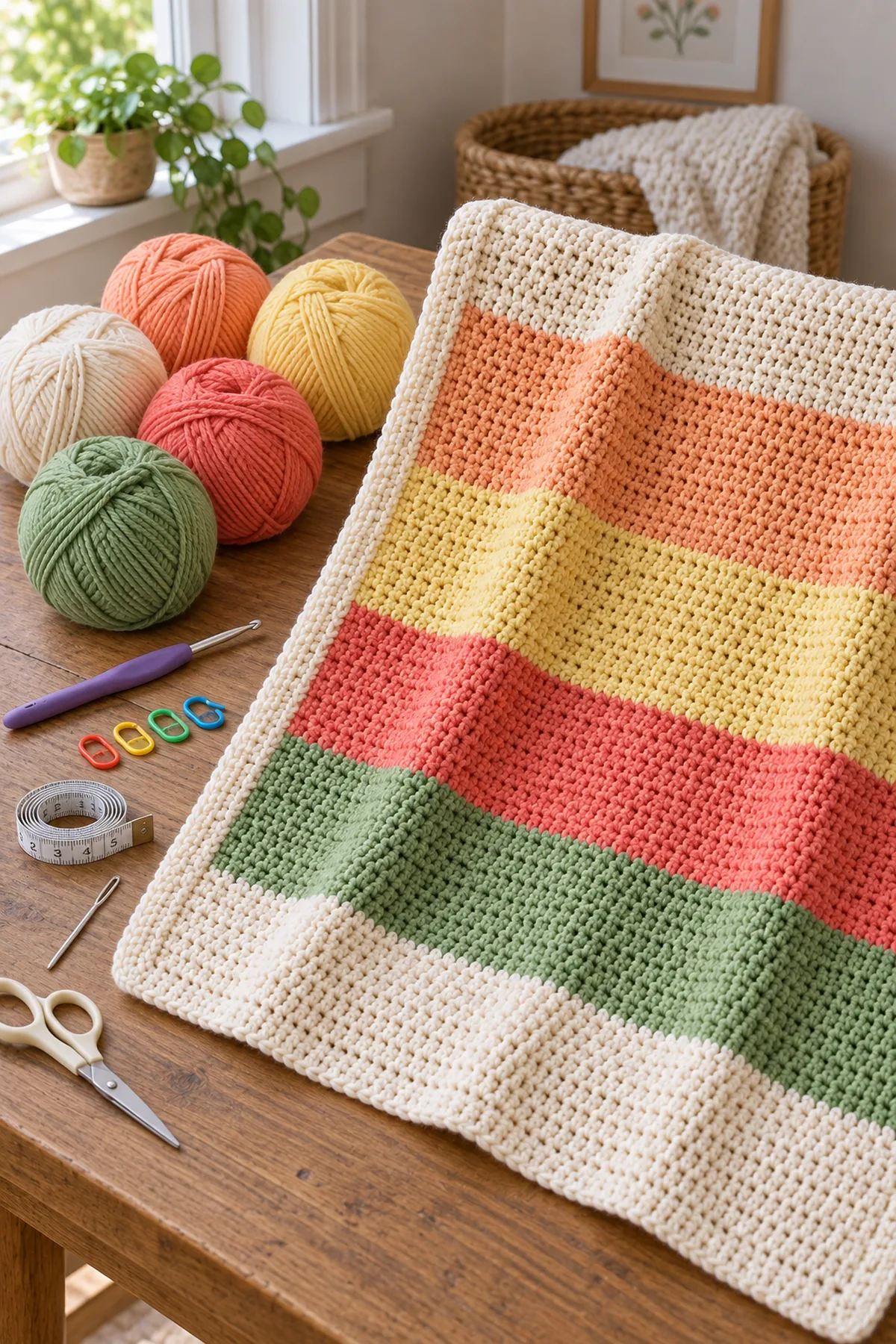 Warm-cream apricot lemon coral and leaf-green washable DK yarn, 4.5 mm hook, four markers, tape measure, needle, and scissors