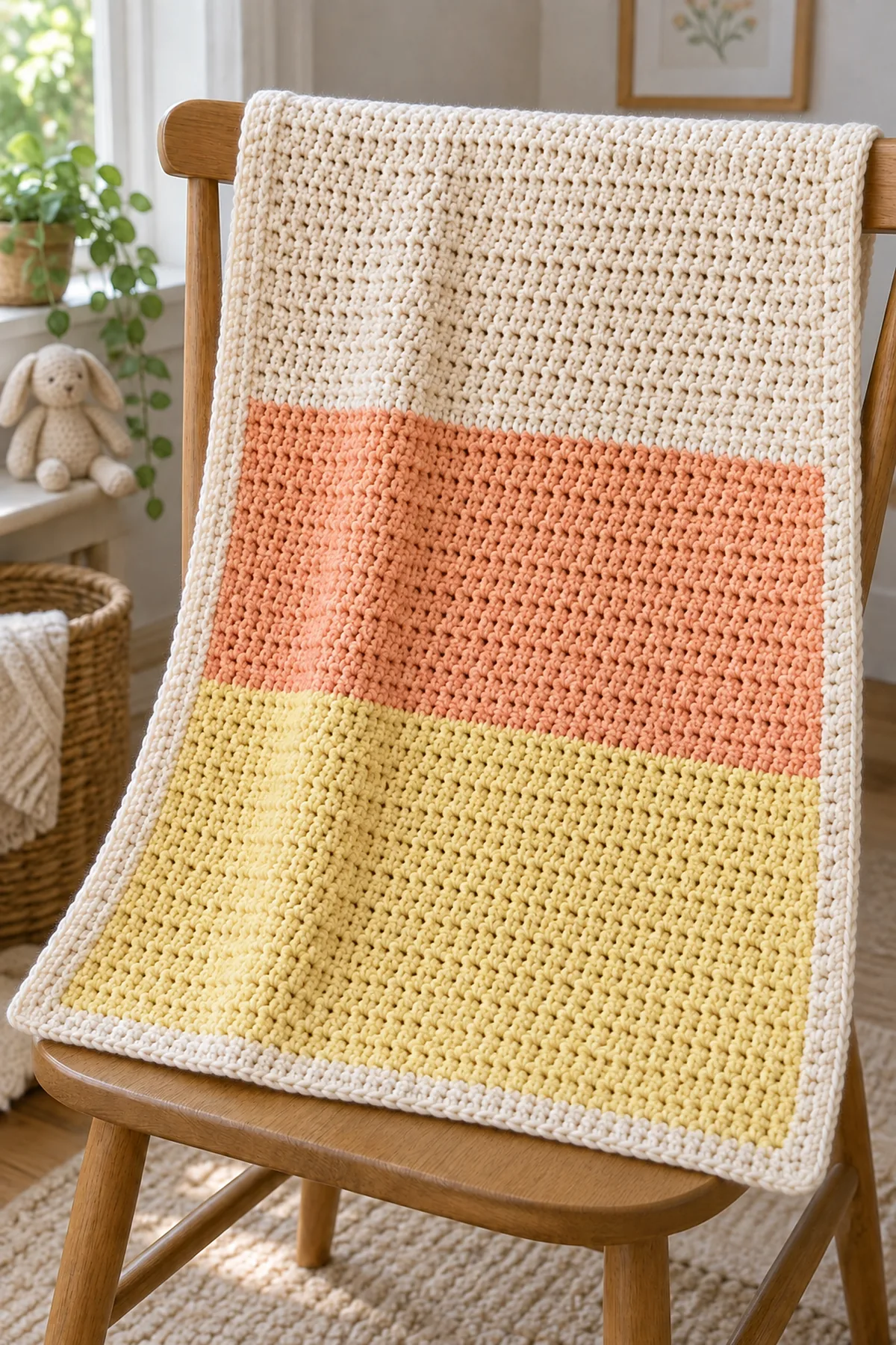 Early 90-stitch half-double-crochet blanket showing the first warm-cream apricot and lemon bands with straight edges