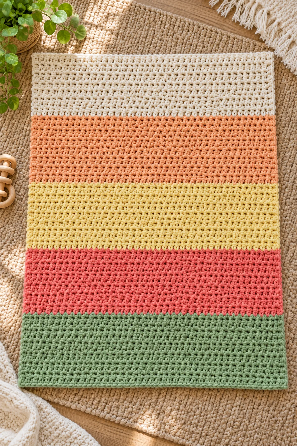 Completed citrus color-block blanket rectangle before the warm-cream border